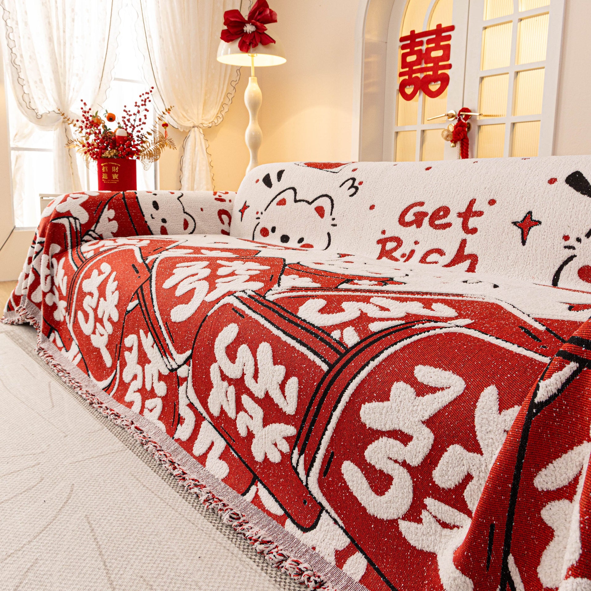 Chinese New Year Sofa Throw Cover Blanket, Decor Festive Red Fu Pattern Couch Cover