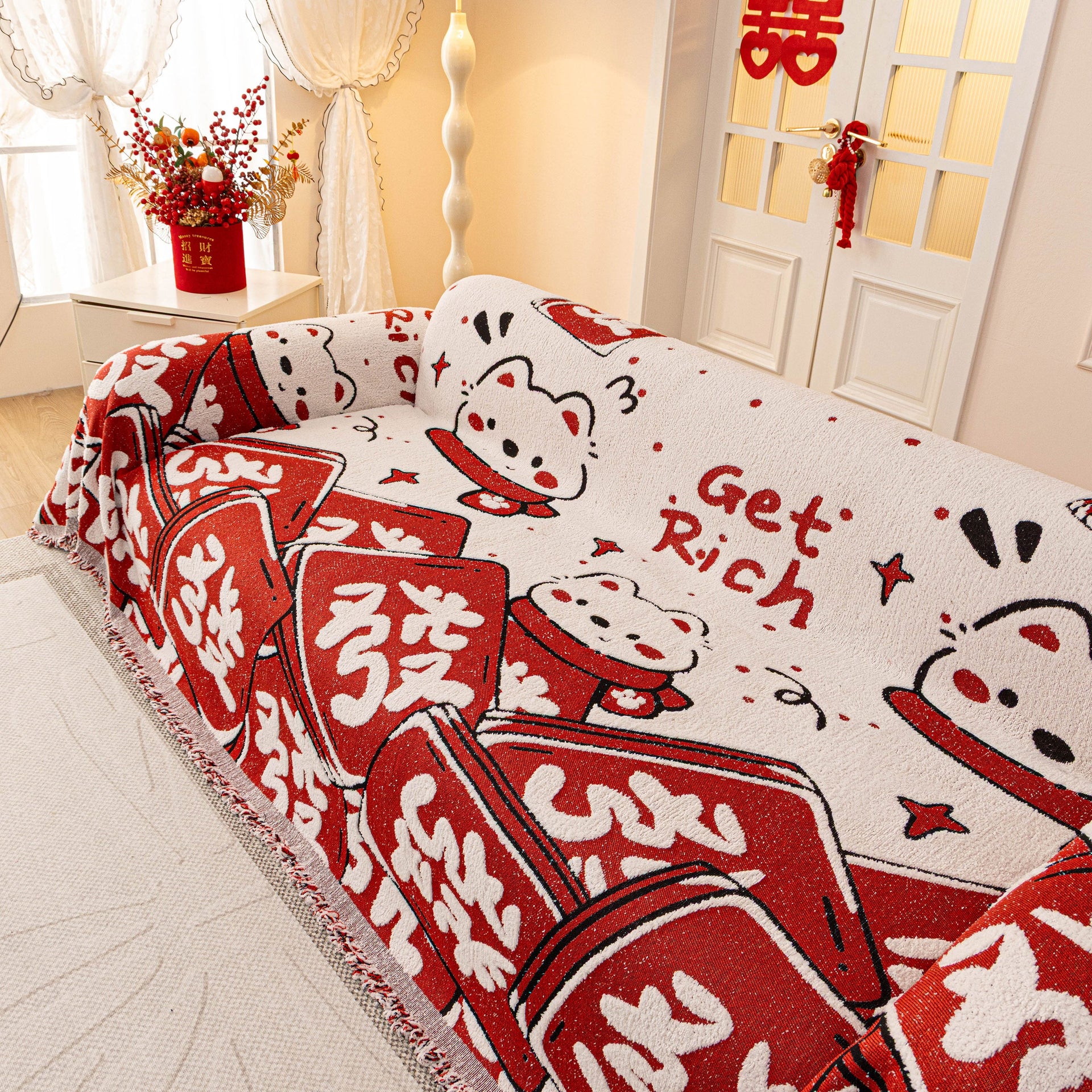 Chinese New Year Sofa Throw Cover Blanket, Decor Festive Red Fu Pattern Couch Cover
