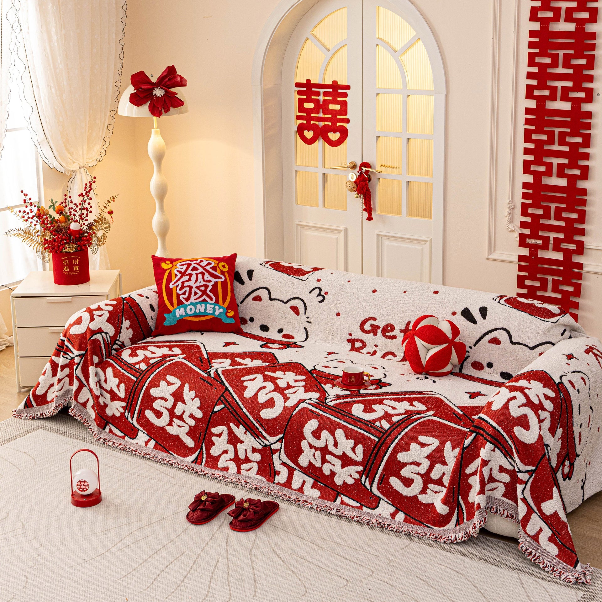 Chinese New Year Sofa Throw Cover Blanket, Decor Festive Red Fu Pattern Couch Cover