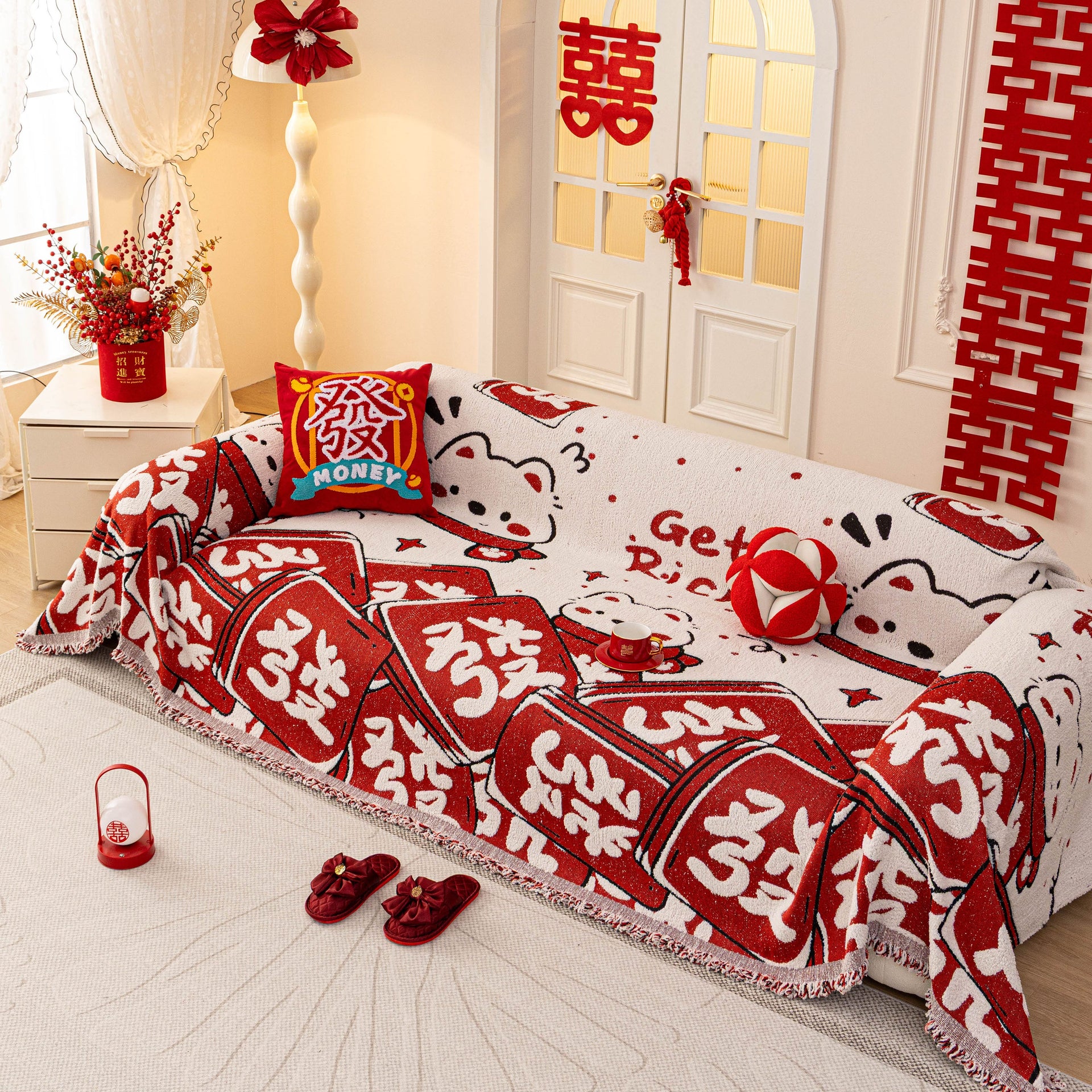 Chinese New Year Sofa Throw Cover Blanket, Decor Festive Red Fu Pattern Couch Cover