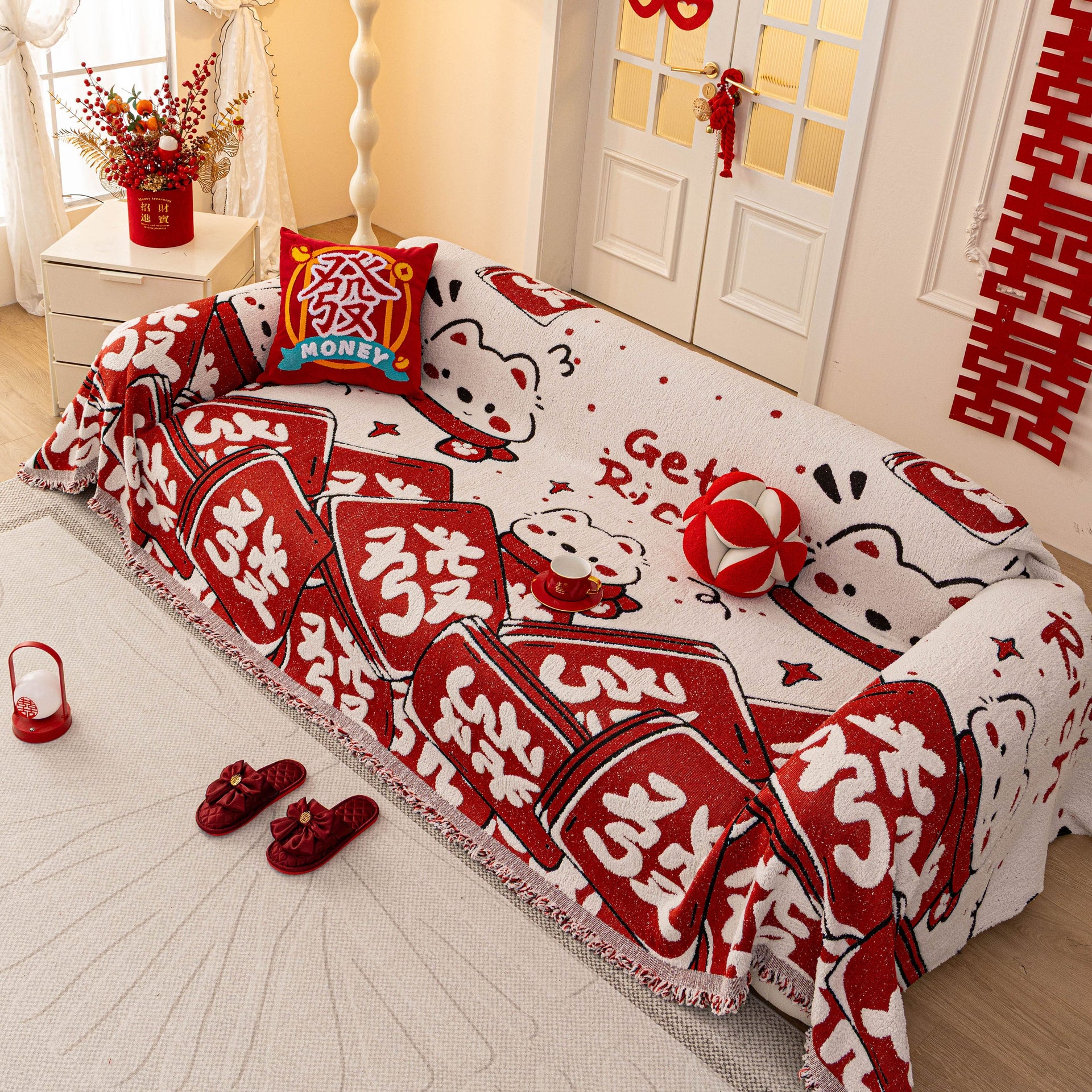 Chinese New Year Sofa Throw Cover Blanket, Decor Festive Red Fu Pattern Couch Cover