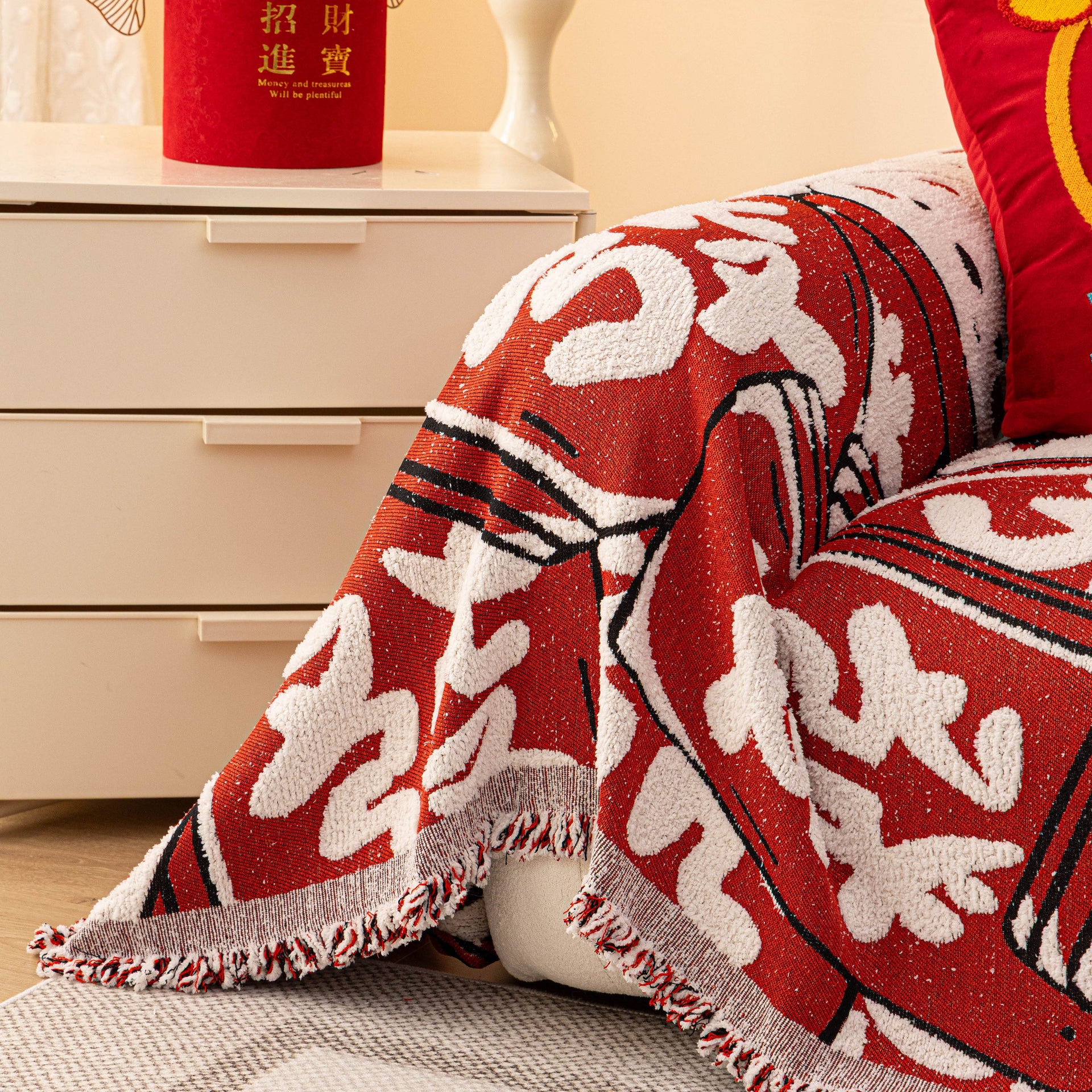 Chinese New Year Sofa Throw Cover Blanket, Decor Festive Red Fu Pattern Couch Cover