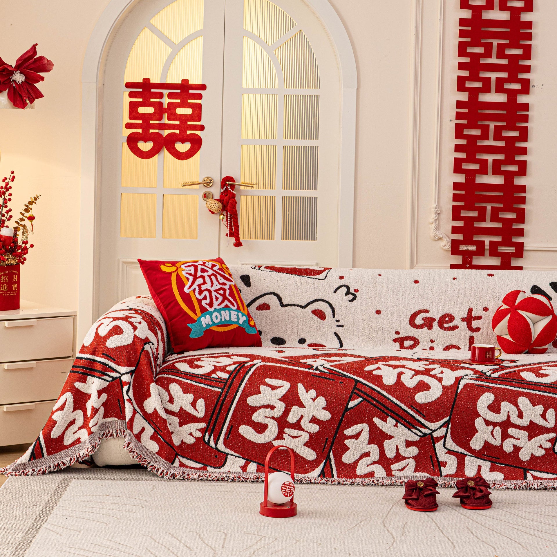 Chinese New Year Sofa Throw Cover Blanket, Decor Festive Red Fu Pattern Couch Cover