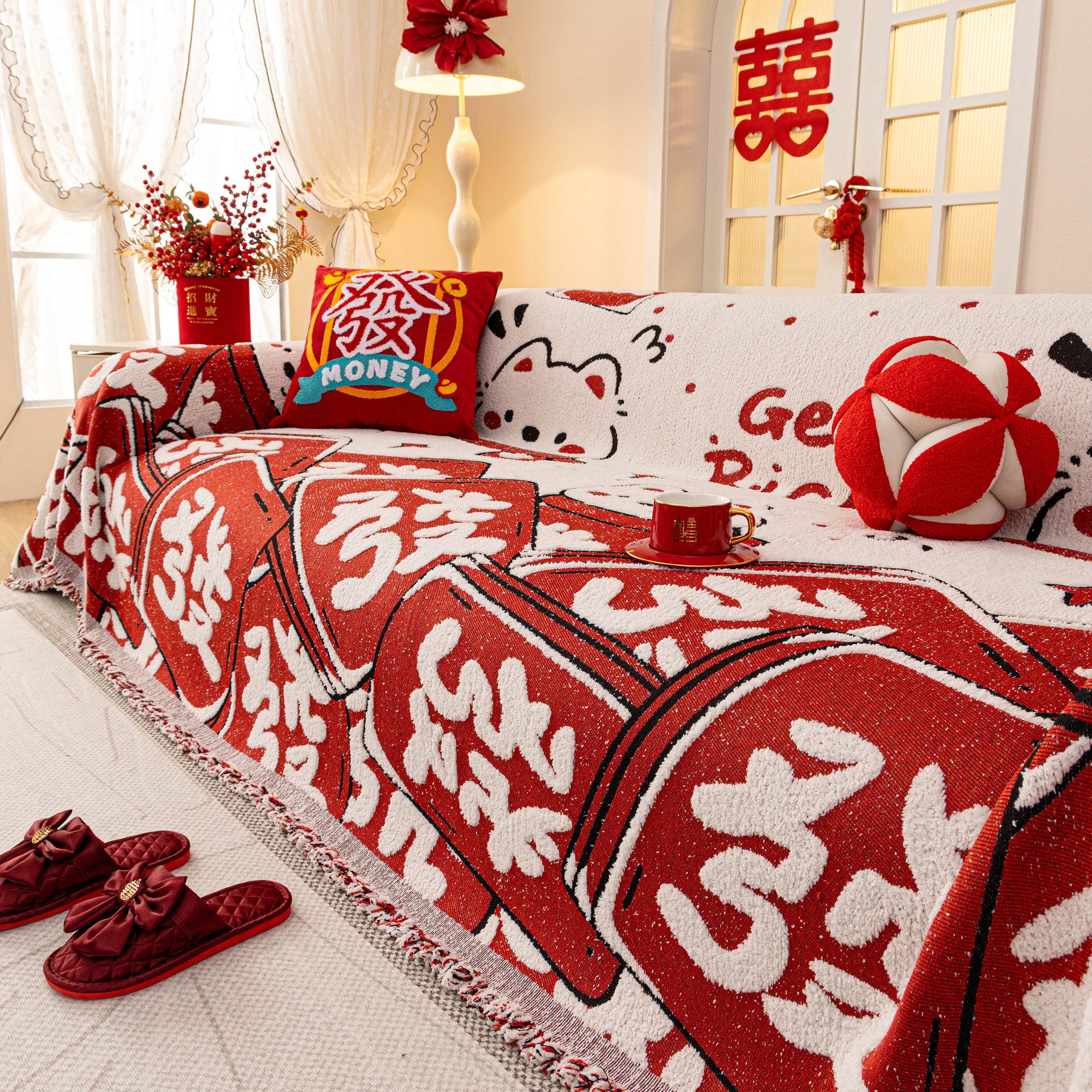 Chinese New Year Sofa Throw Cover Blanket, Decor Festive Red Fu Pattern Couch Cover