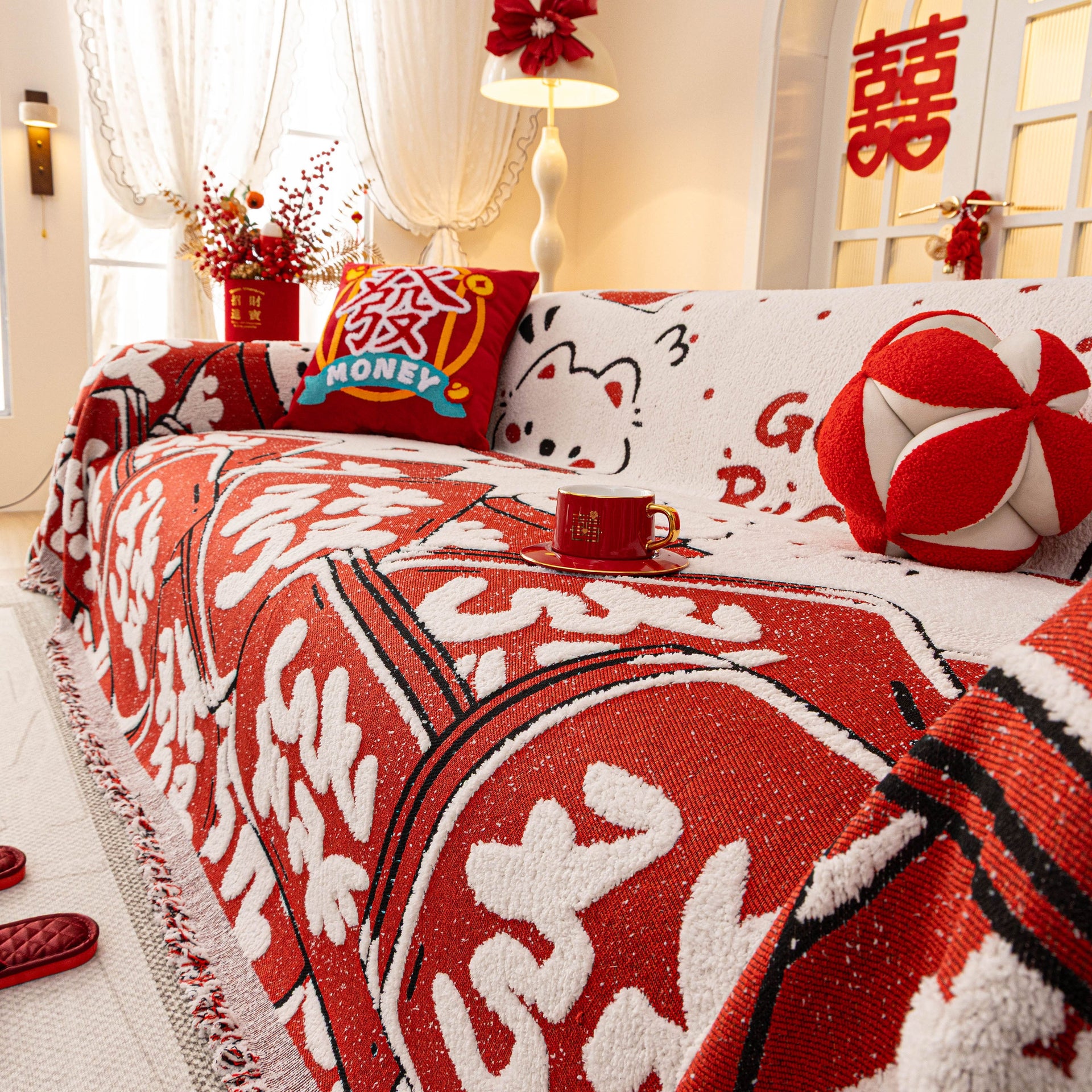 Chinese New Year Sofa Throw Cover Blanket, Decor Festive Red Fu Pattern Couch Cover