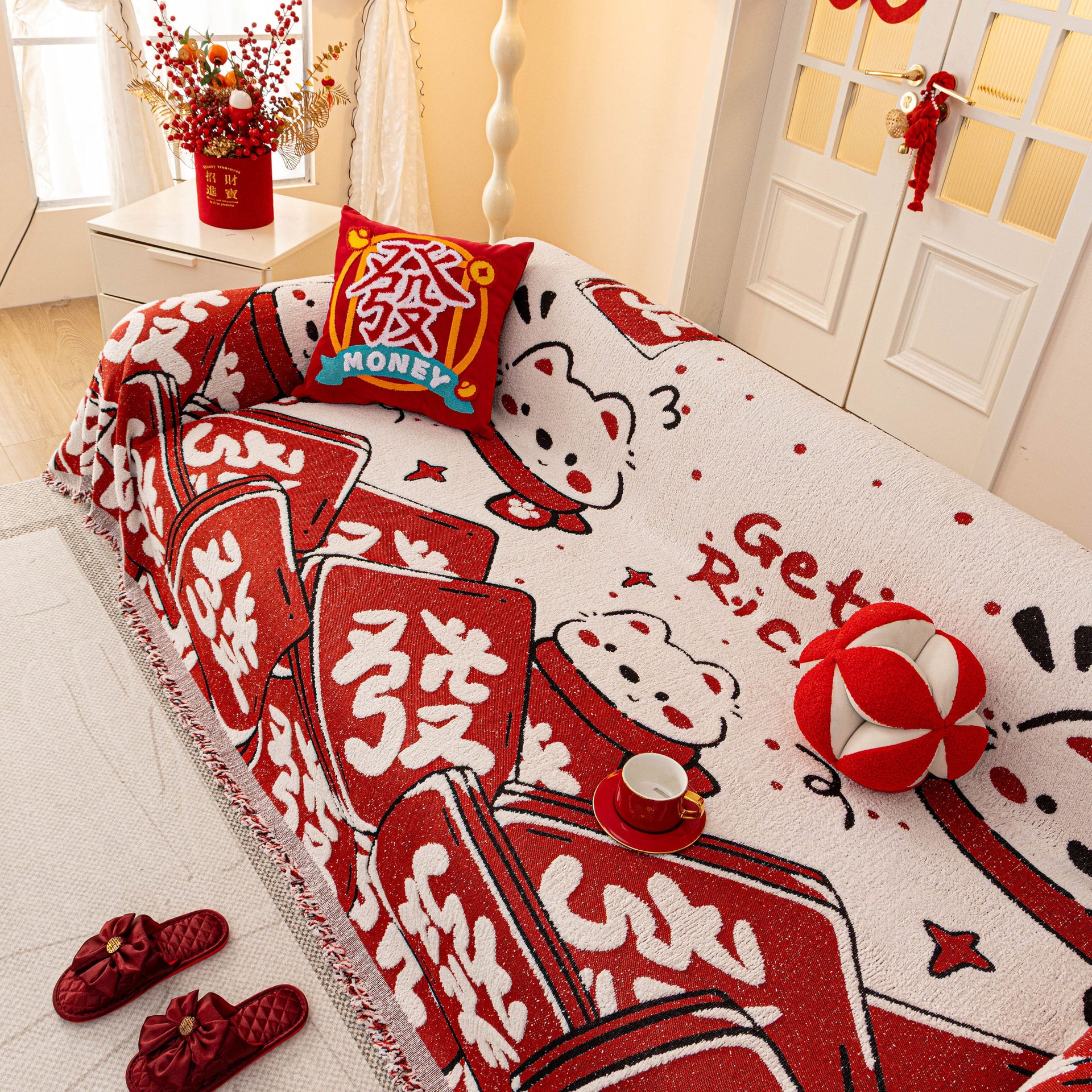 Chinese New Year Sofa Throw Cover Blanket, Decor Festive Red Fu Pattern Couch Cover