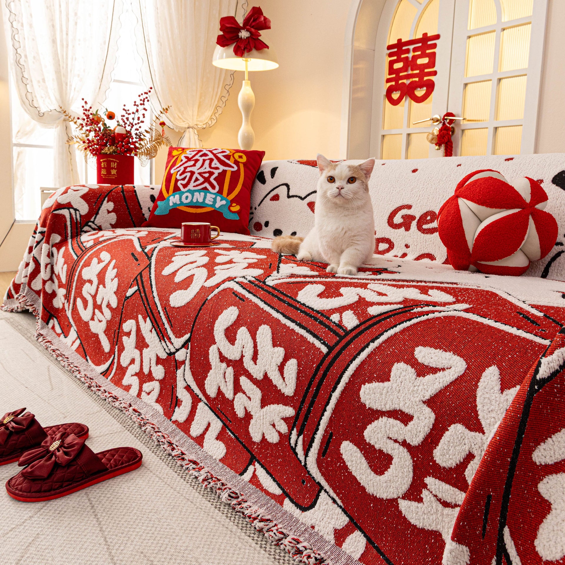 Chinese New Year Sofa Throw Cover Blanket, Decor Festive Red Fu Pattern Couch Cover