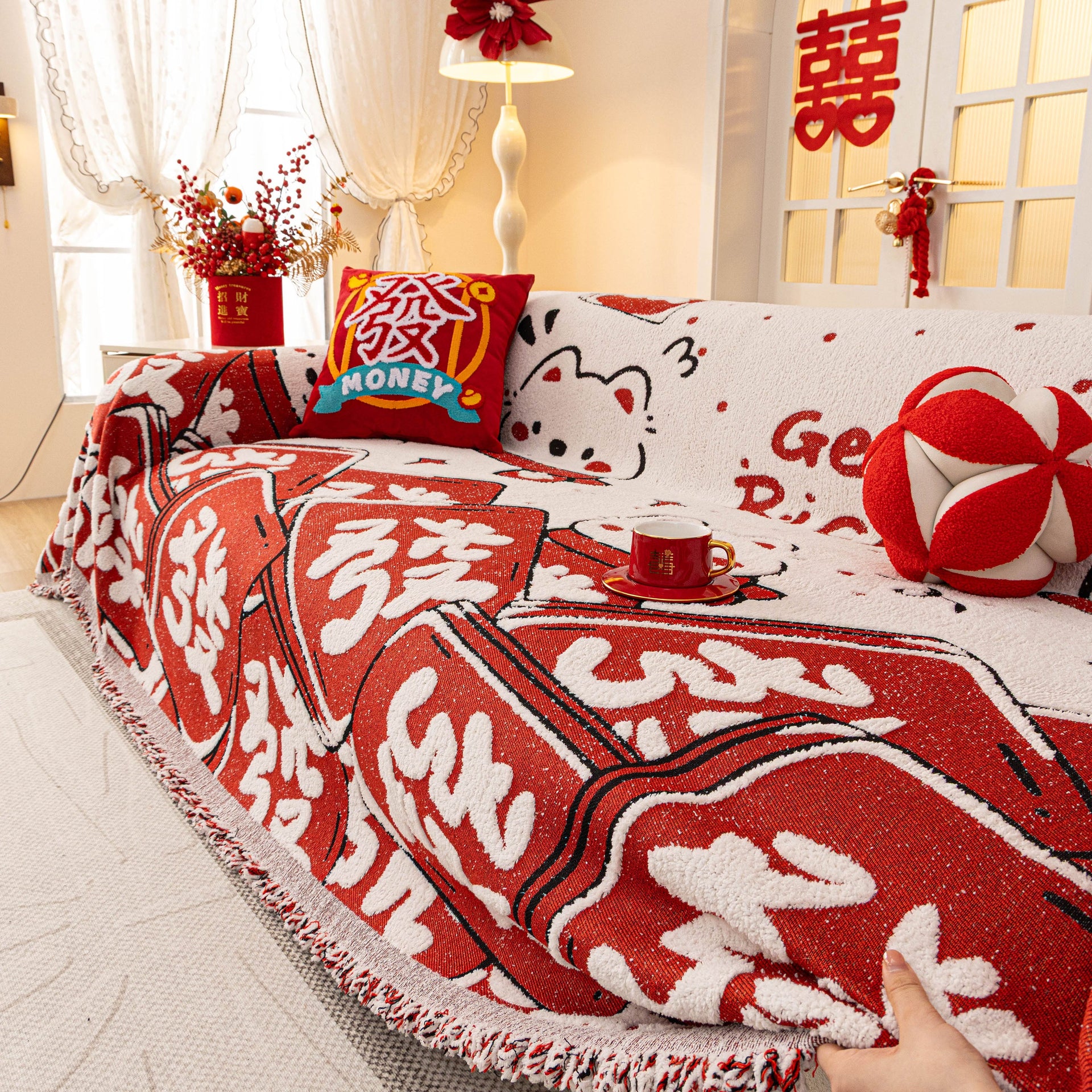 Chinese New Year Sofa Throw Cover Blanket, Decor Festive Red Fu Pattern Couch Cover