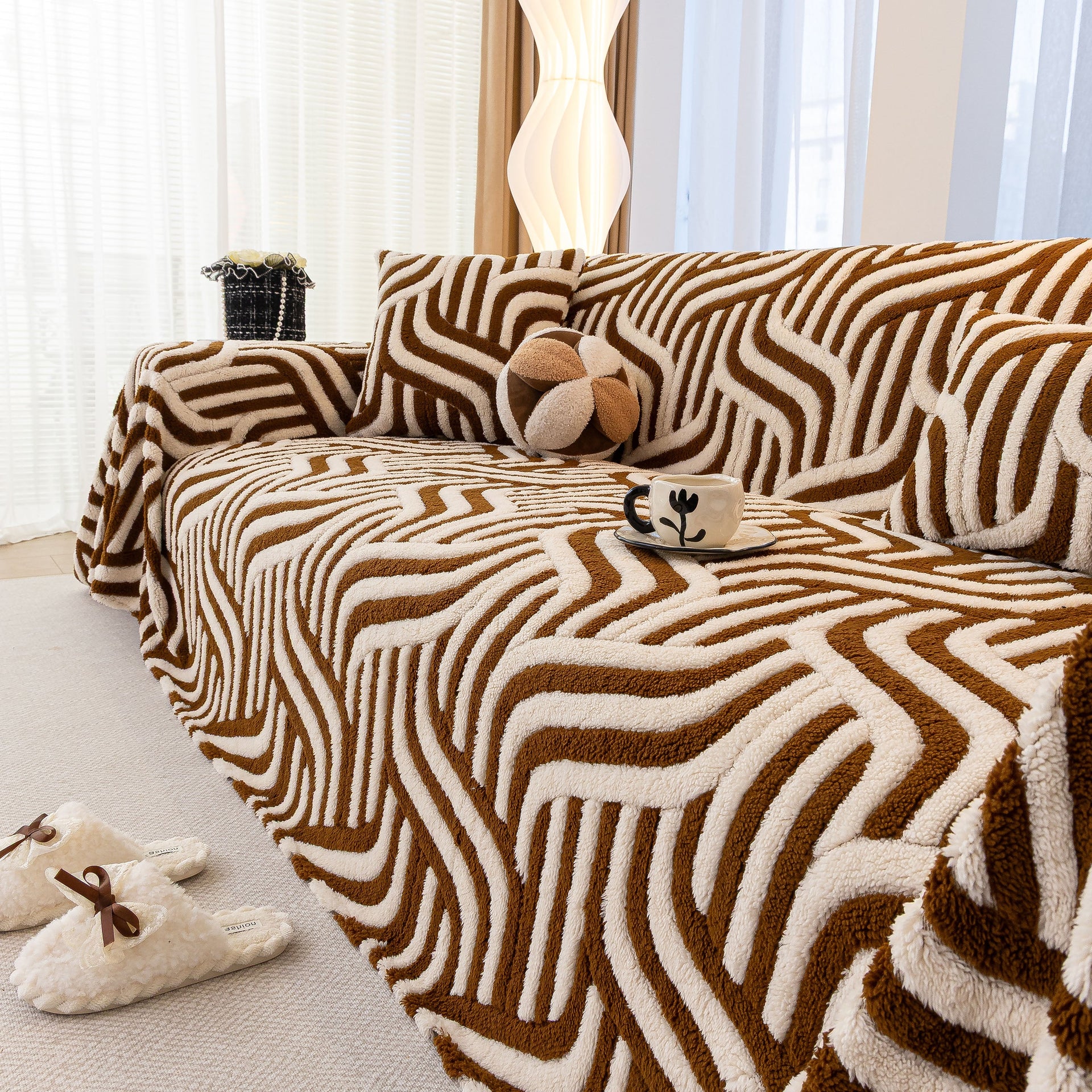 Plush Sherpa Sofa Throw Cover for Sectional, Jacquard Wave Throw Furniture Protector