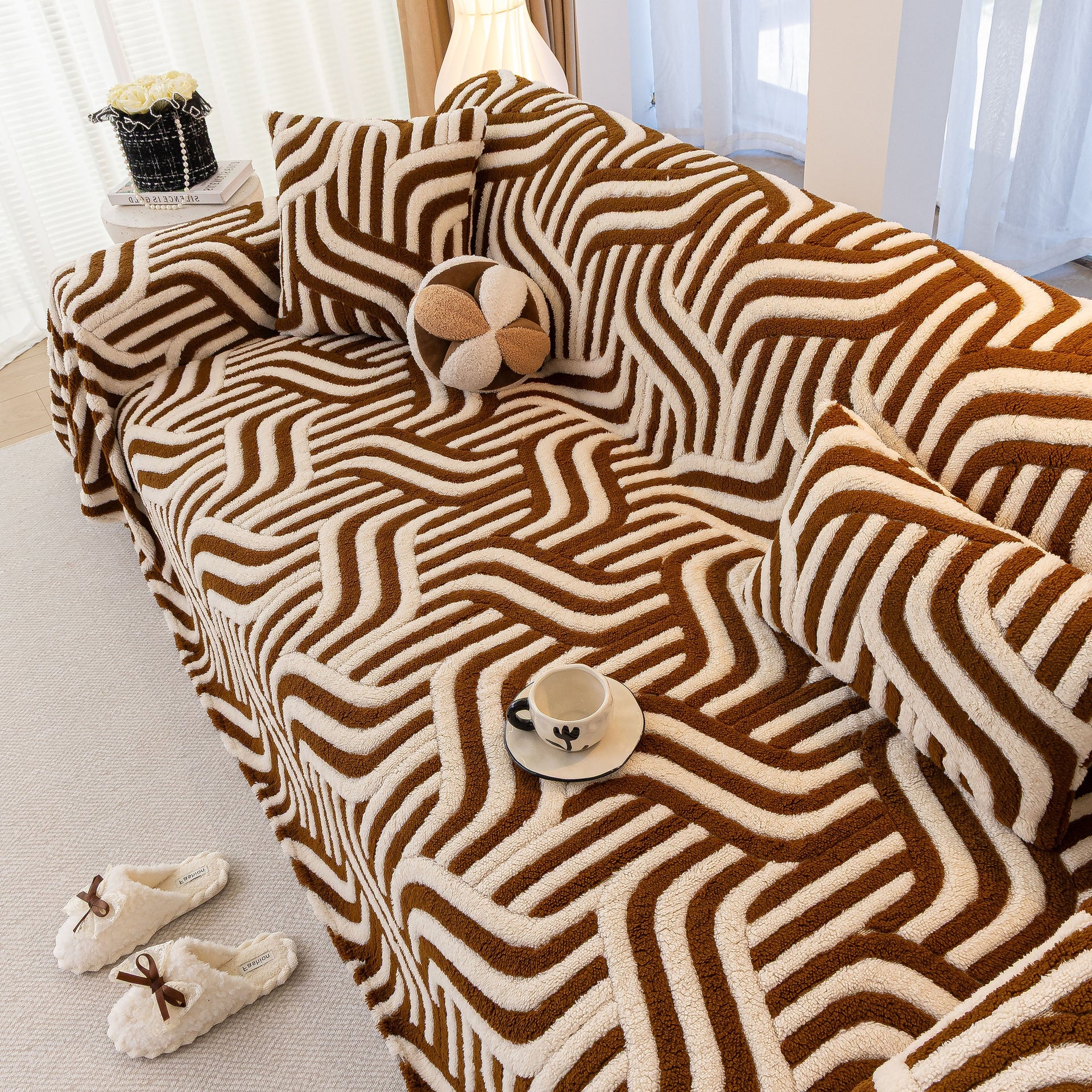 Plush Sherpa Sofa Throw Cover for Sectional, Jacquard Wave Throw Furniture Protector