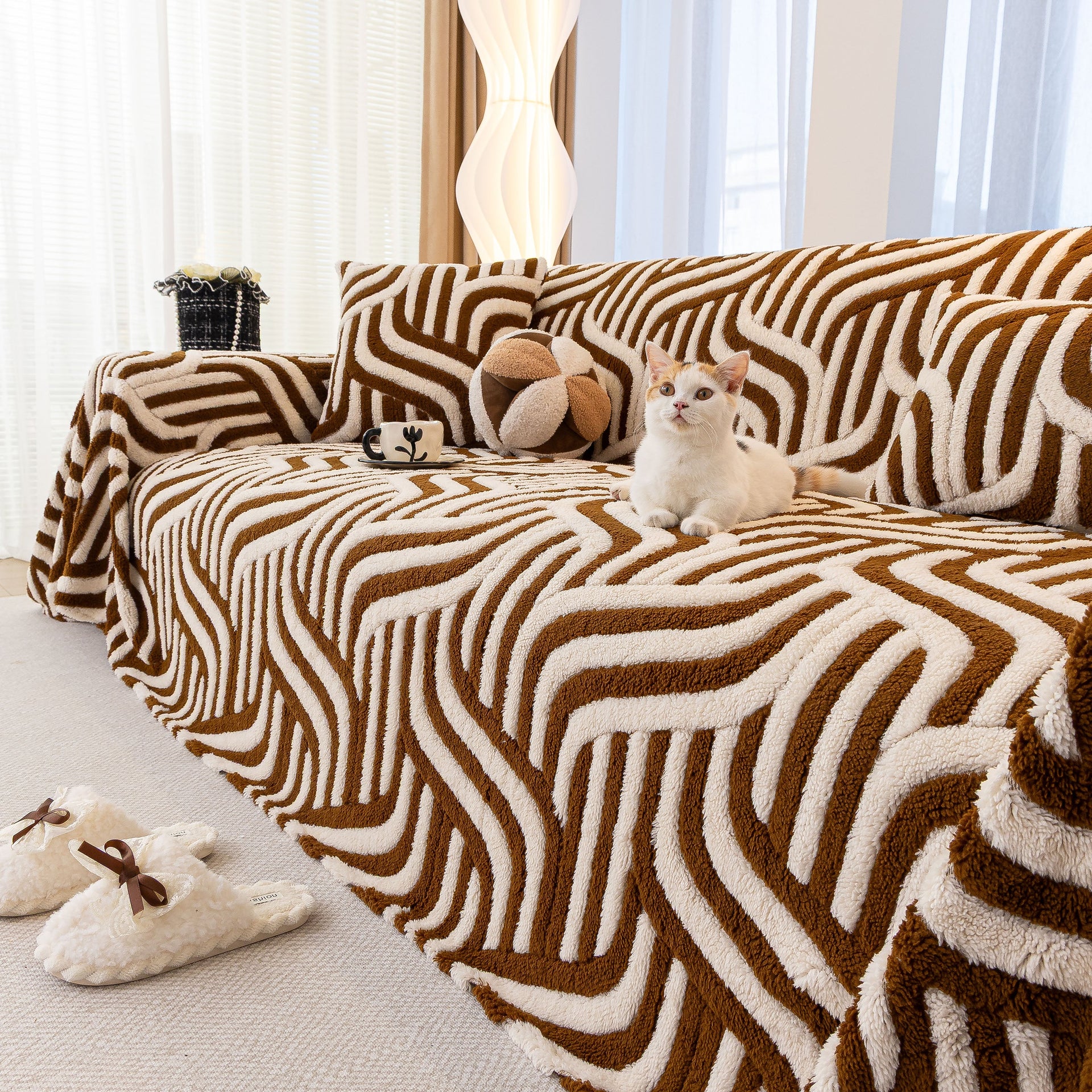 Plush Sherpa Sofa Throw Cover for Sectional, Jacquard Wave Throw Furniture Protector