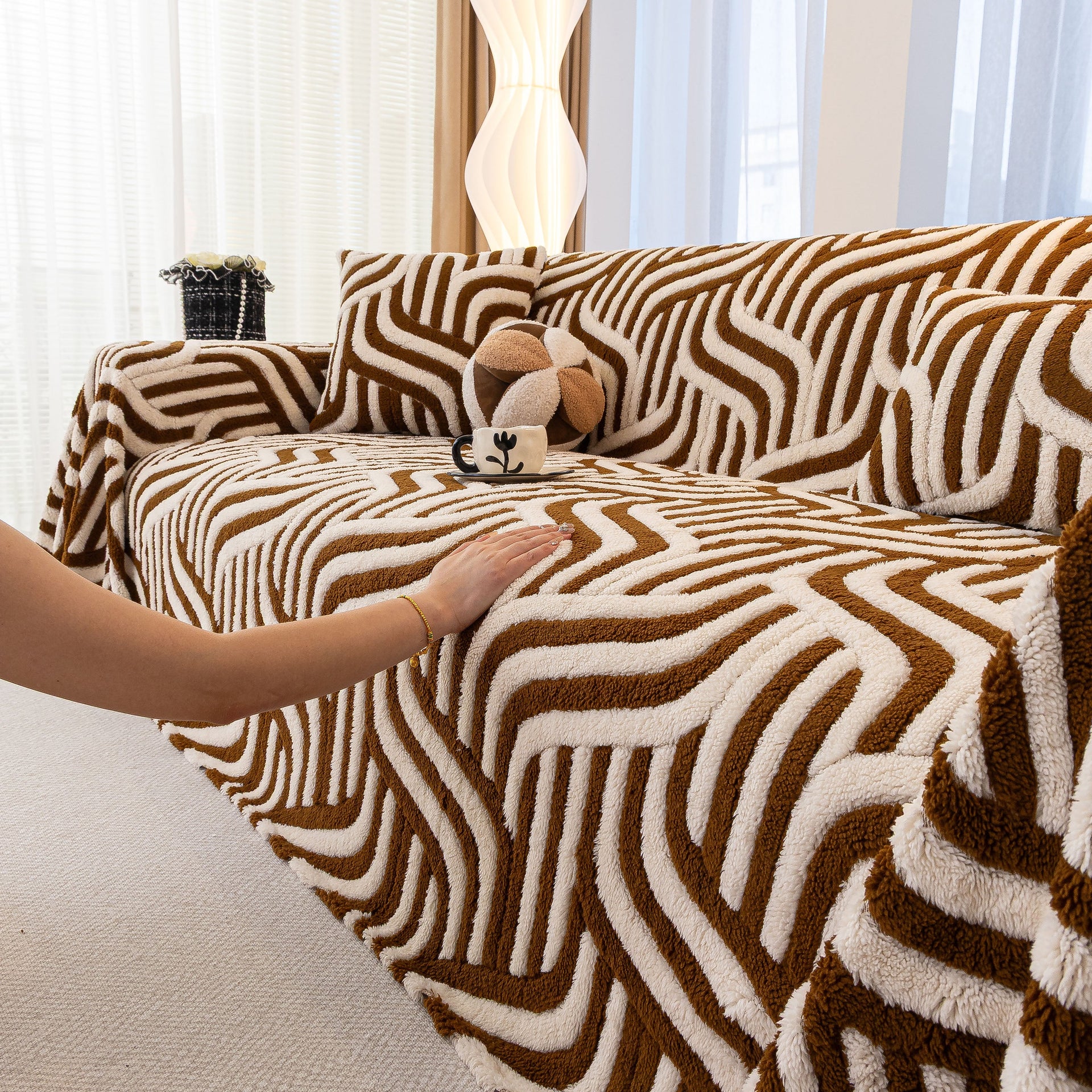 Plush Sherpa Sofa Throw Cover for Sectional, Jacquard Wave Throw Furniture Protector