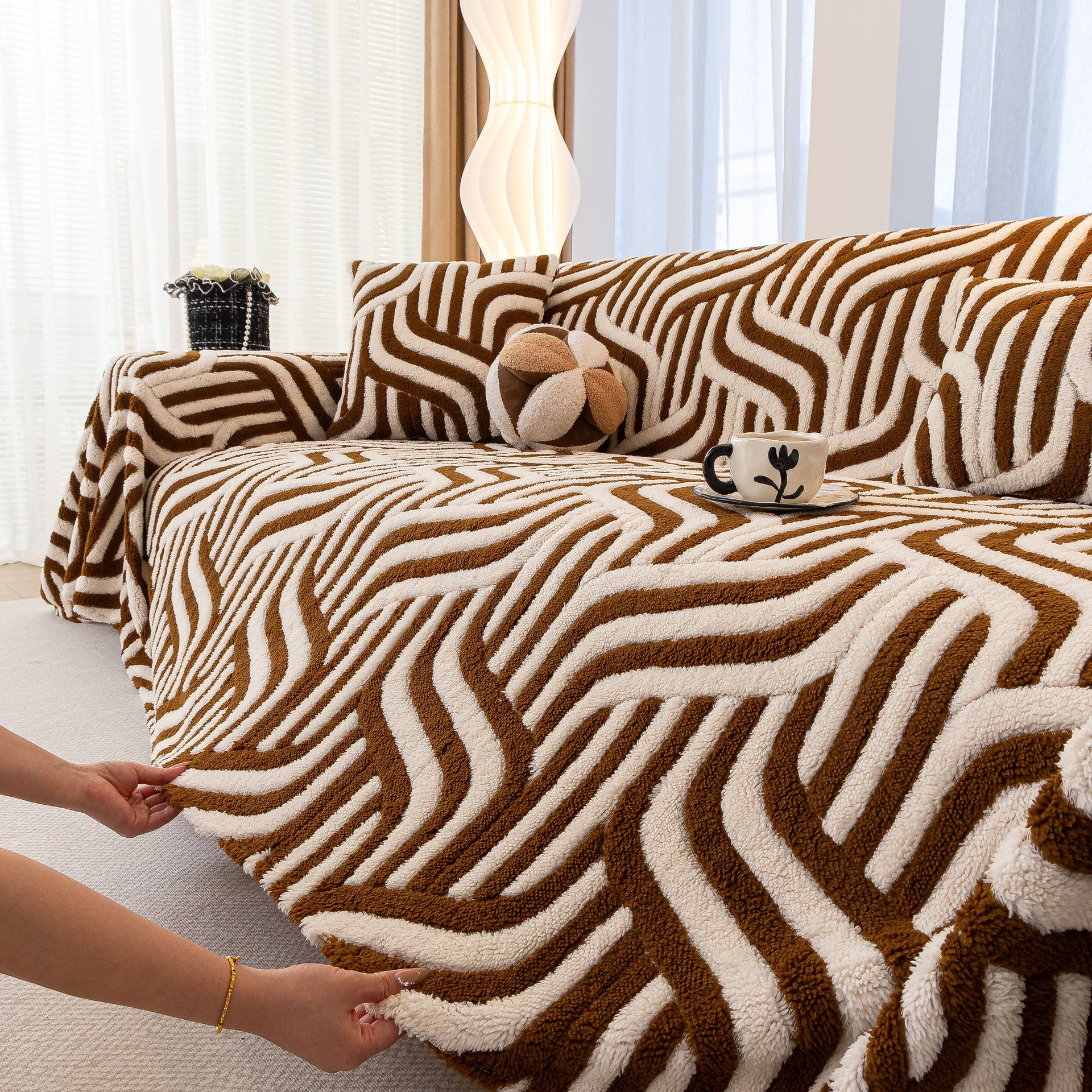 Plush Sherpa Sofa Throw Cover for Sectional, Jacquard Wave Throw Furniture Protector