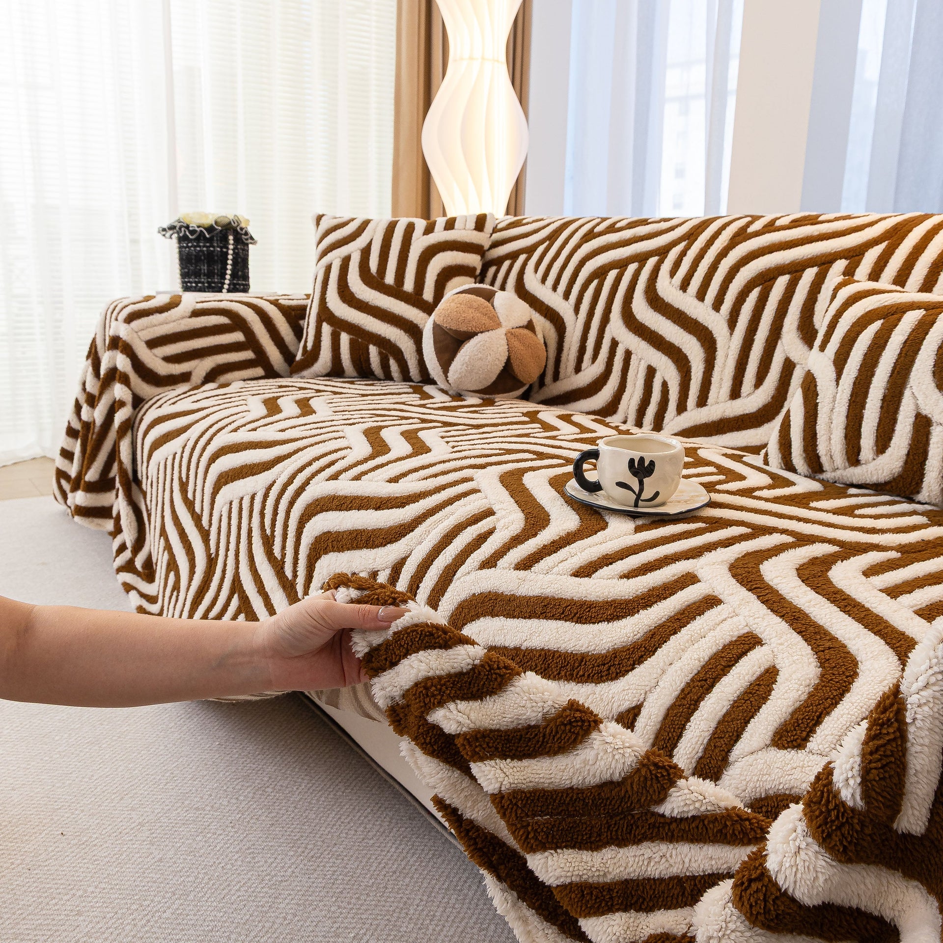 Plush Sherpa Sofa Throw Cover for Sectional, Jacquard Wave Throw Furniture Protector