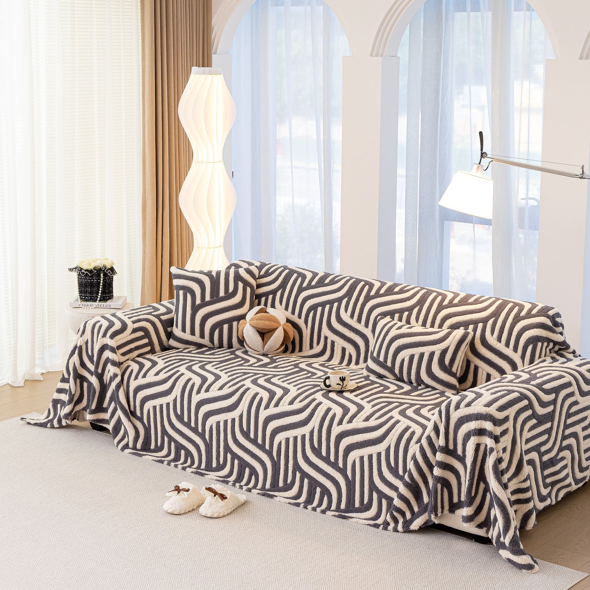 Plush Sherpa Sofa Throw Cover for Sectional, Jacquard Wave Throw Furniture Protector