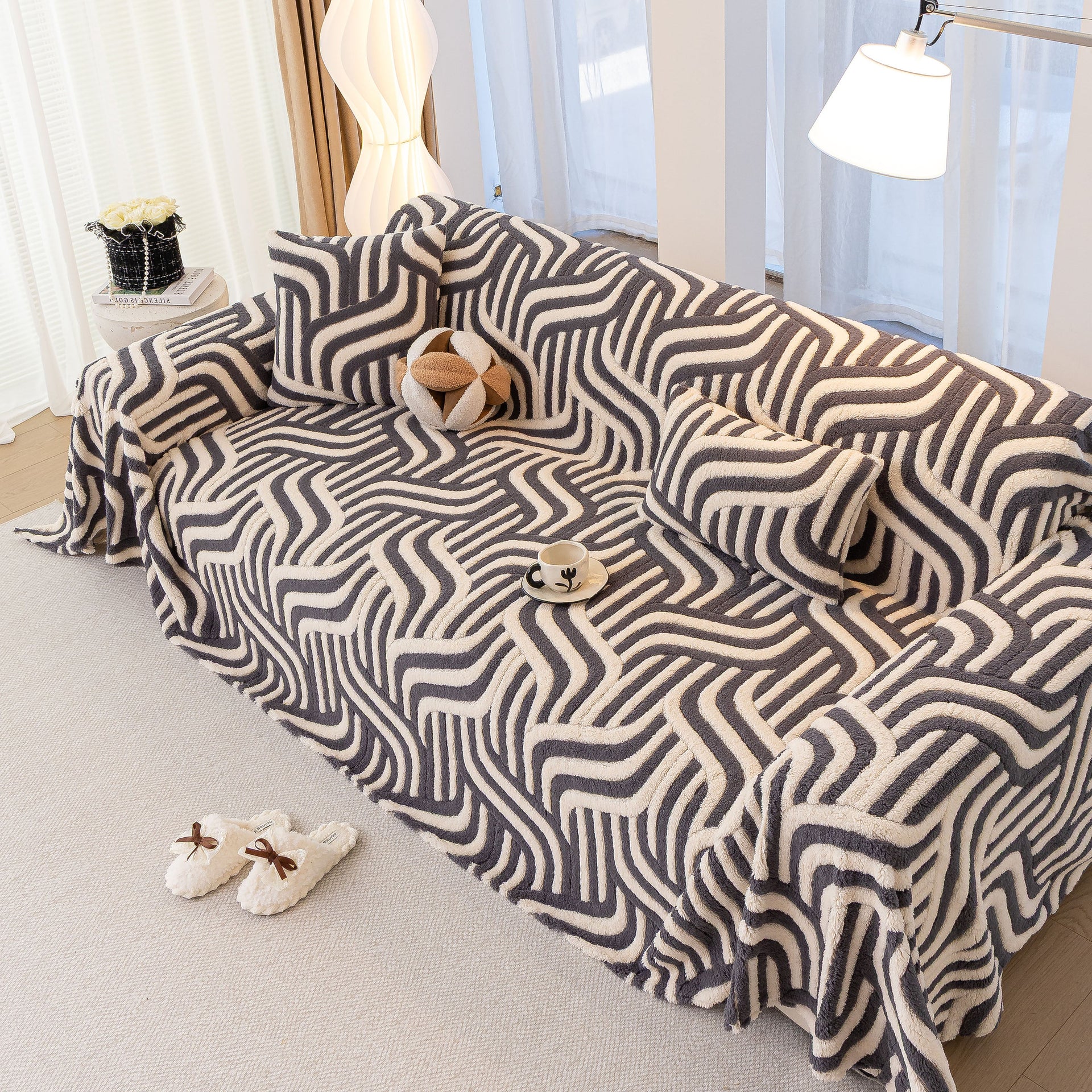 Plush Sherpa Sofa Throw Cover for Sectional, Jacquard Wave Throw Furniture Protector