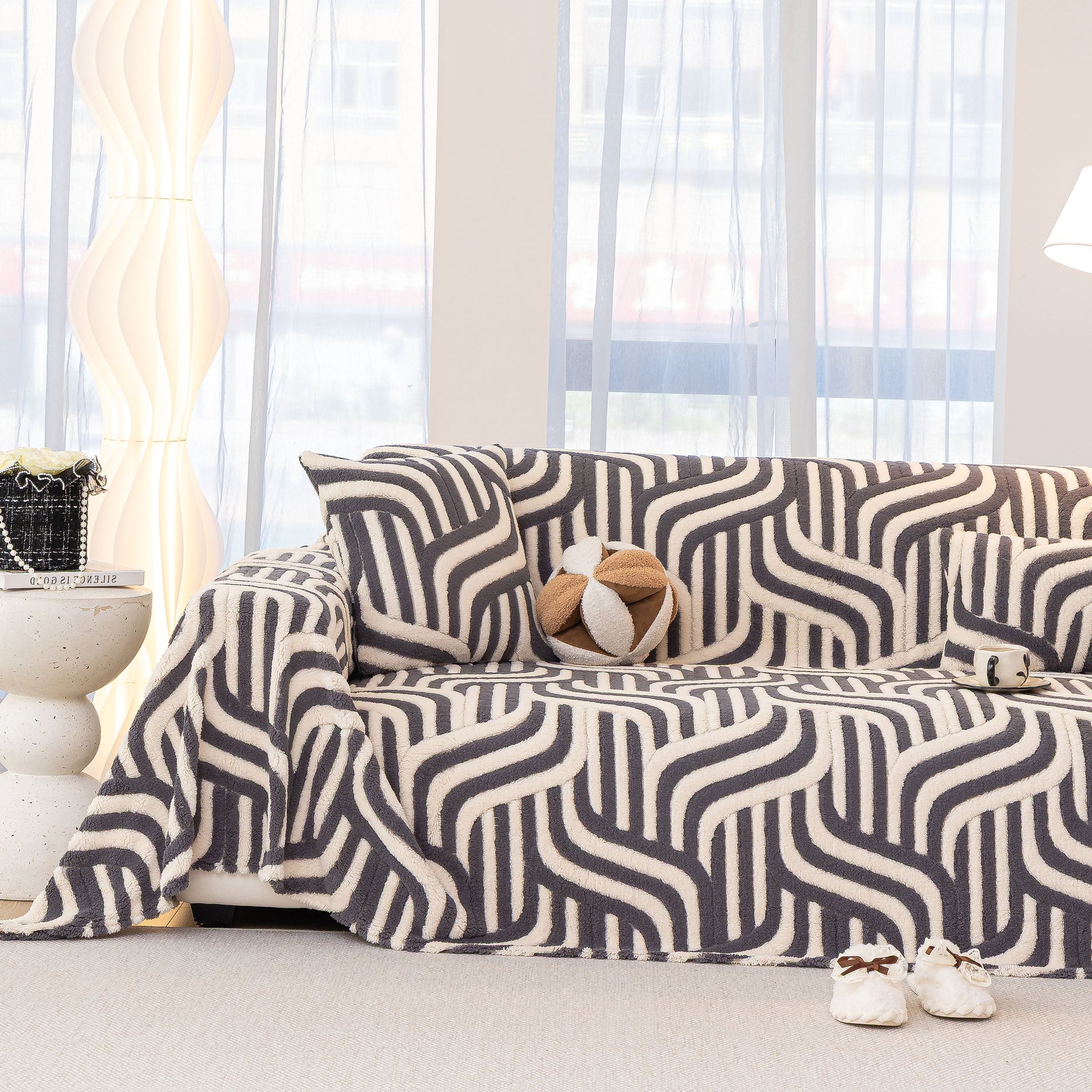 Plush Sherpa Sofa Throw Cover for Sectional, Jacquard Wave Throw Furniture Protector