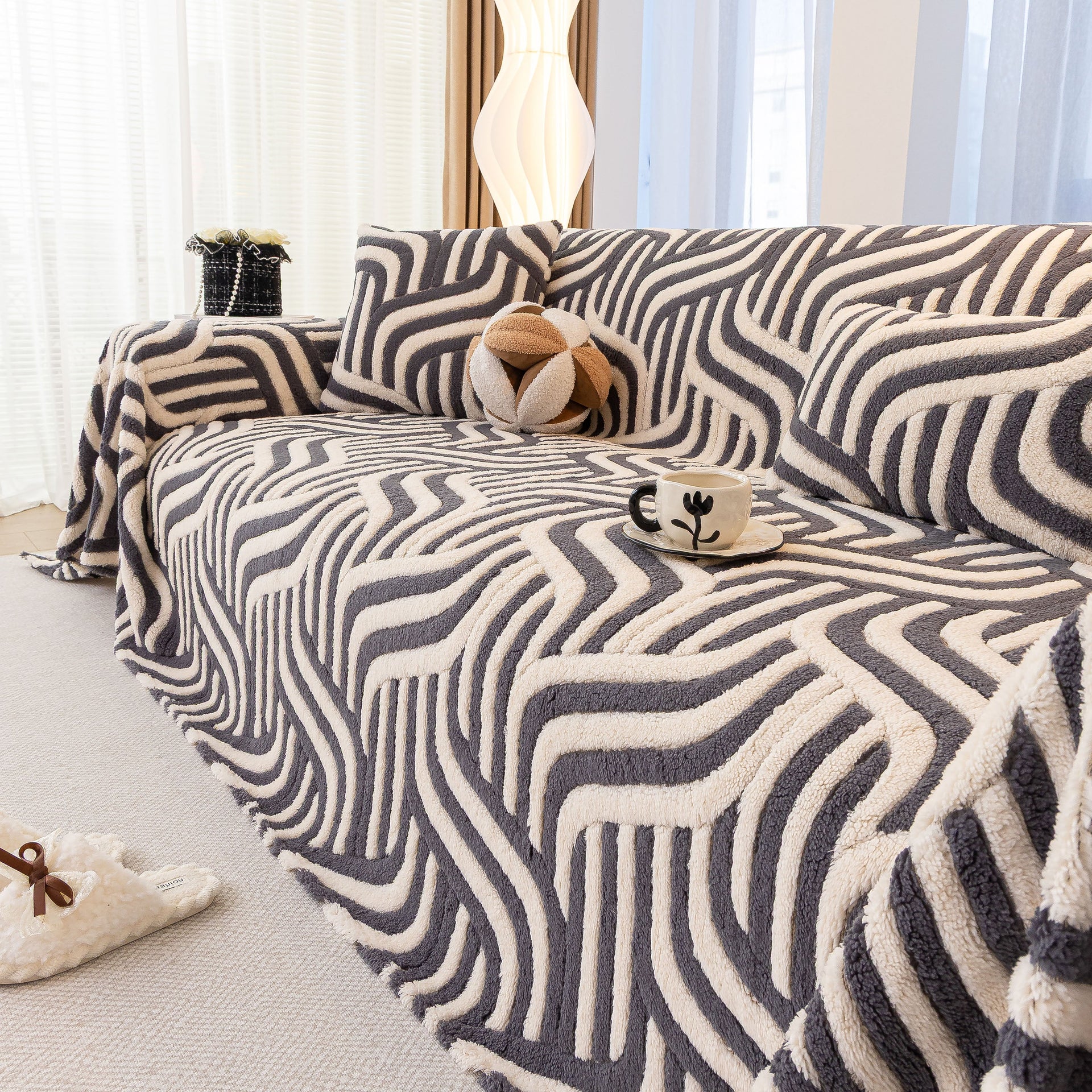 Plush Sherpa Sofa Throw Cover for Sectional, Jacquard Wave Throw Furniture Protector