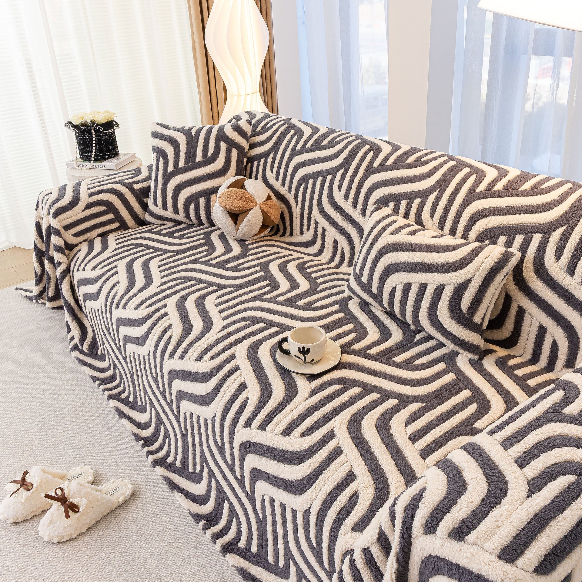 Plush Sherpa Sofa Throw Cover for Sectional, Jacquard Wave Throw Furniture Protector