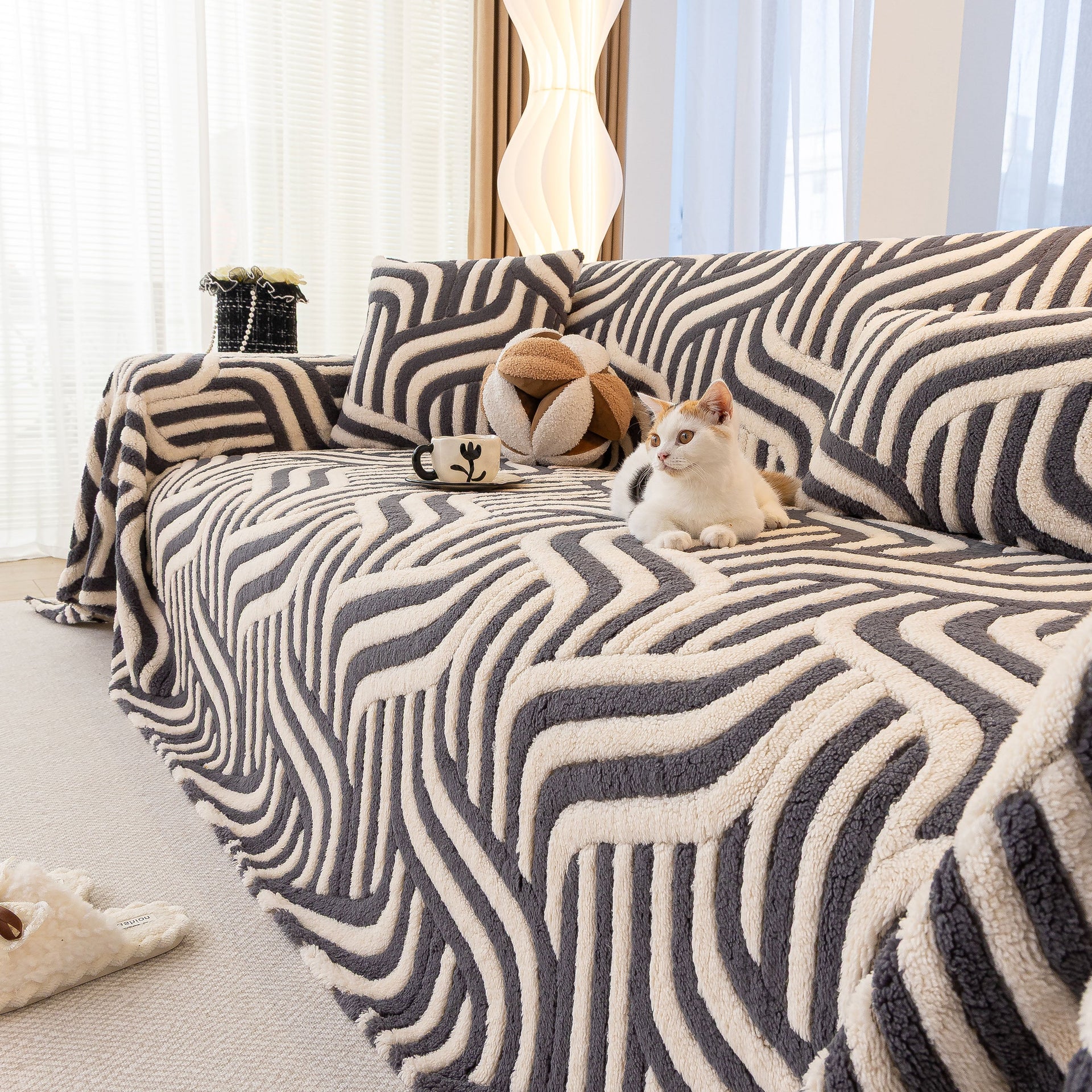 Plush Sherpa Sofa Throw Cover for Sectional, Jacquard Wave Throw Furniture Protector