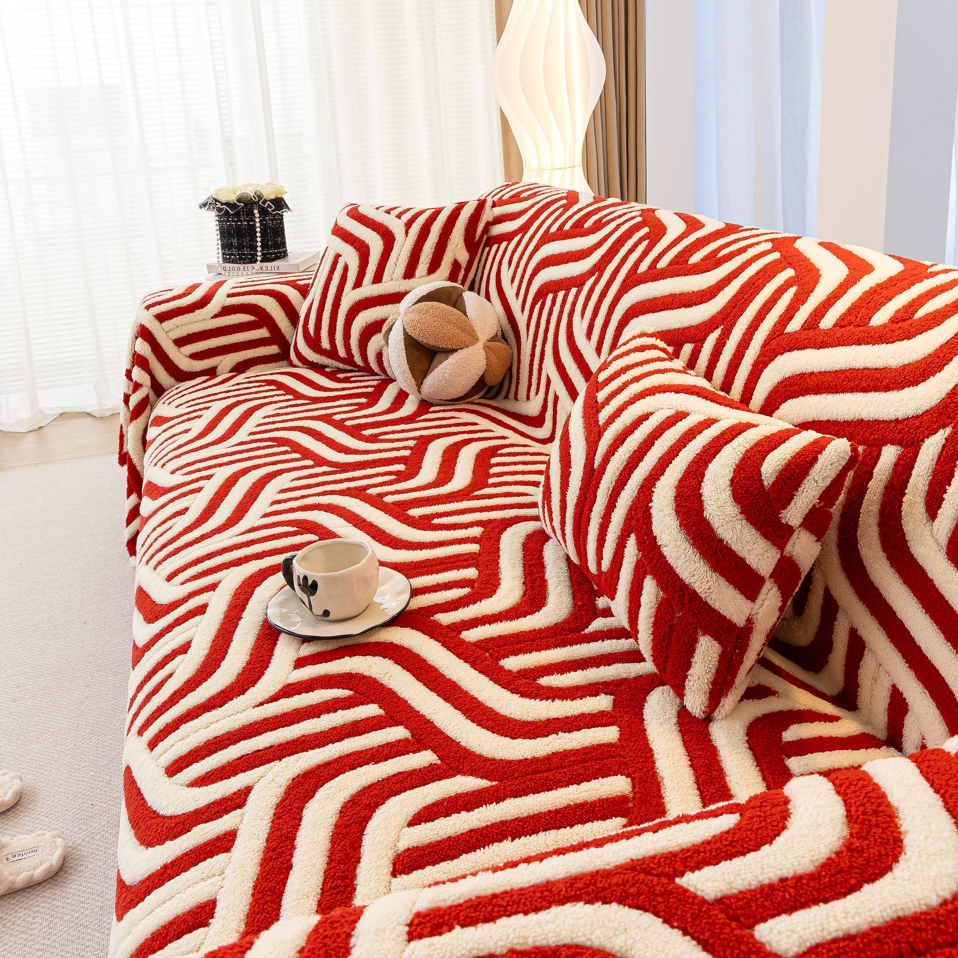 Plush Sherpa Sofa Throw Cover for Sectional, Jacquard Wave Throw Furniture Protector