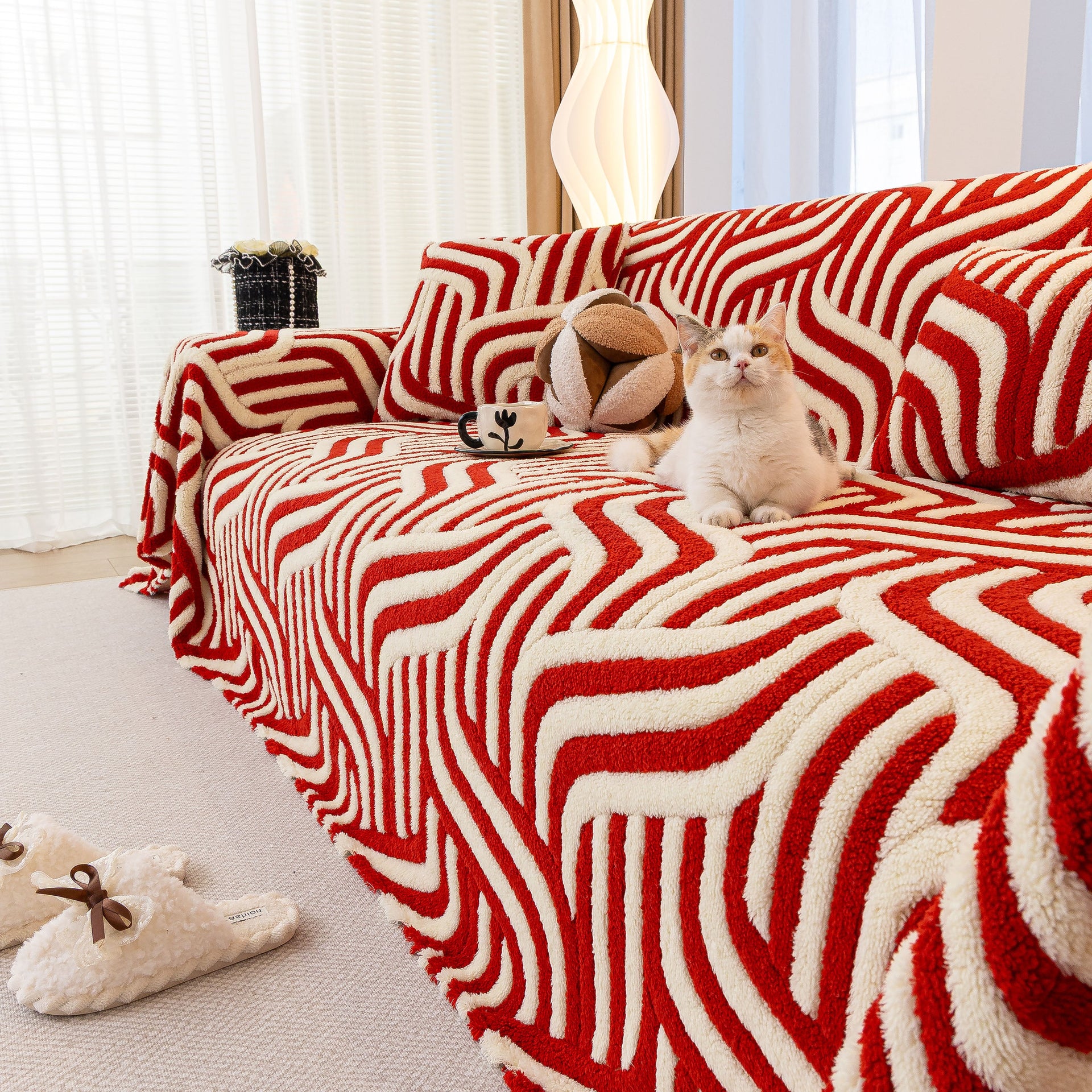 Plush Sherpa Sofa Throw Cover for Sectional, Jacquard Wave Throw Furniture Protector