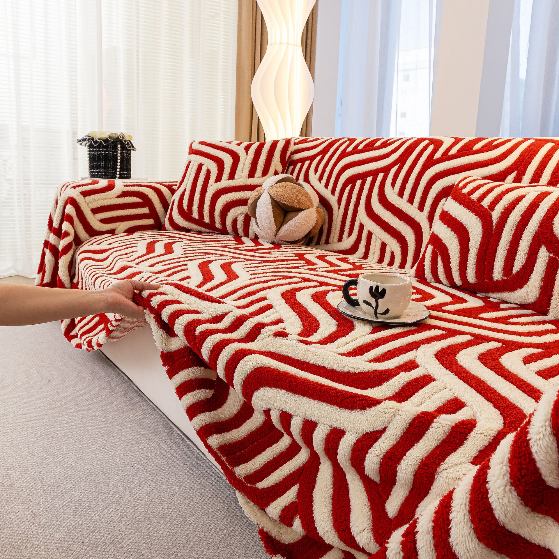 Plush Sherpa Sofa Throw Cover for Sectional, Jacquard Wave Throw Furniture Protector