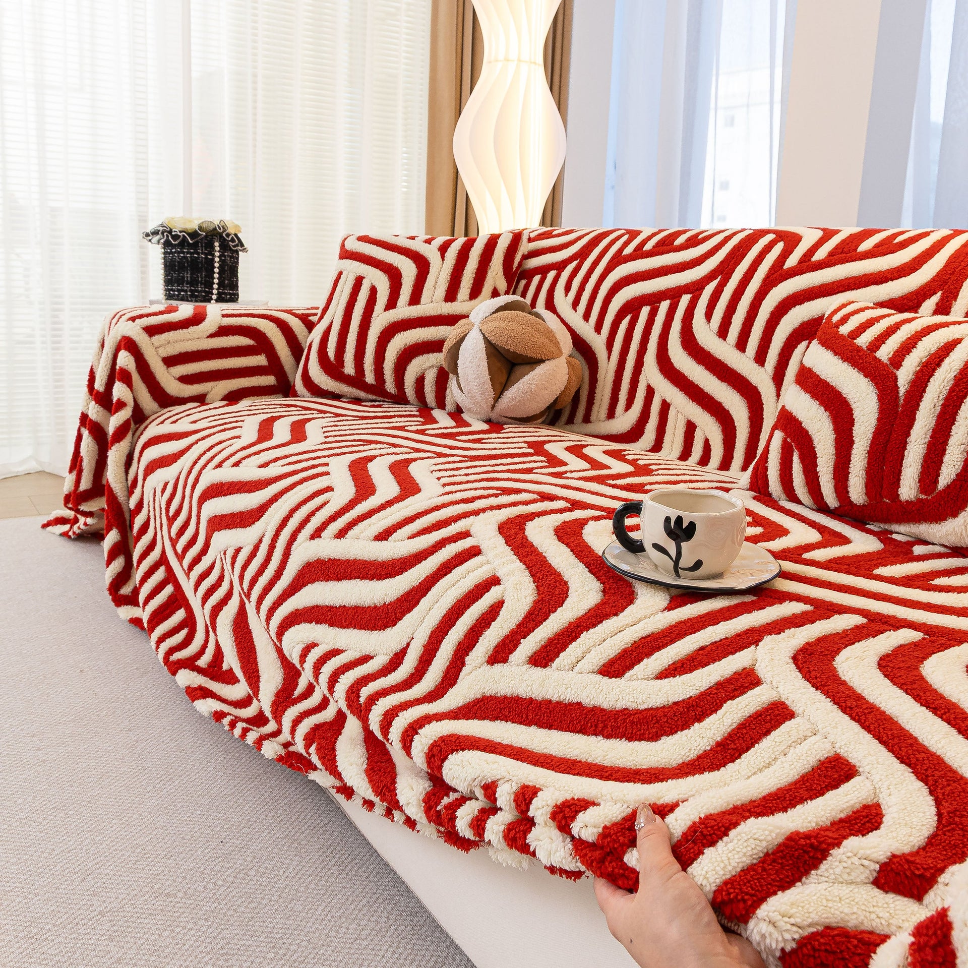 Plush Sherpa Sofa Throw Cover for Sectional, Jacquard Wave Throw Furniture Protector