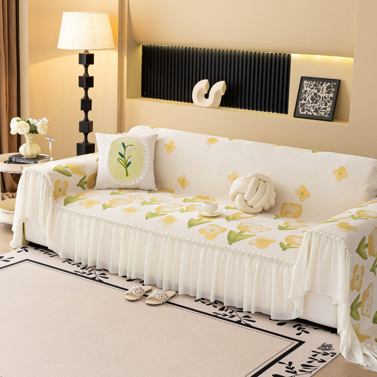 Ruffled Sweet Floral Sofa Cover with Skirt, Soft and Decorative Couch Throw Cover