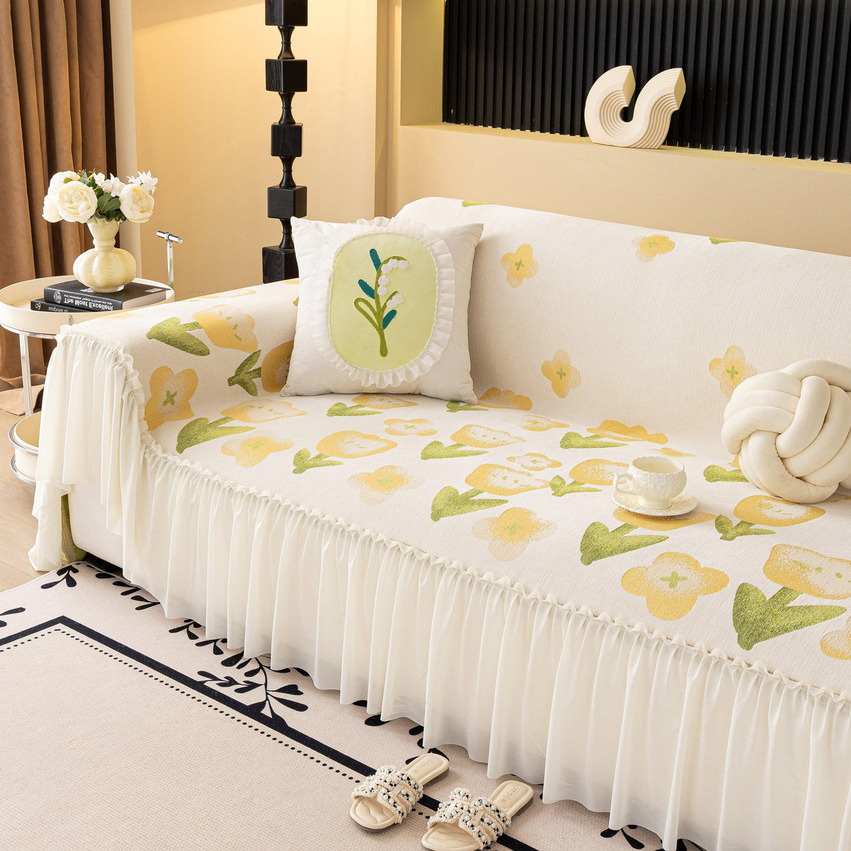 Ruffled Sweet Floral Sofa Cover with Skirt, Soft and Decorative Couch Throw Cover