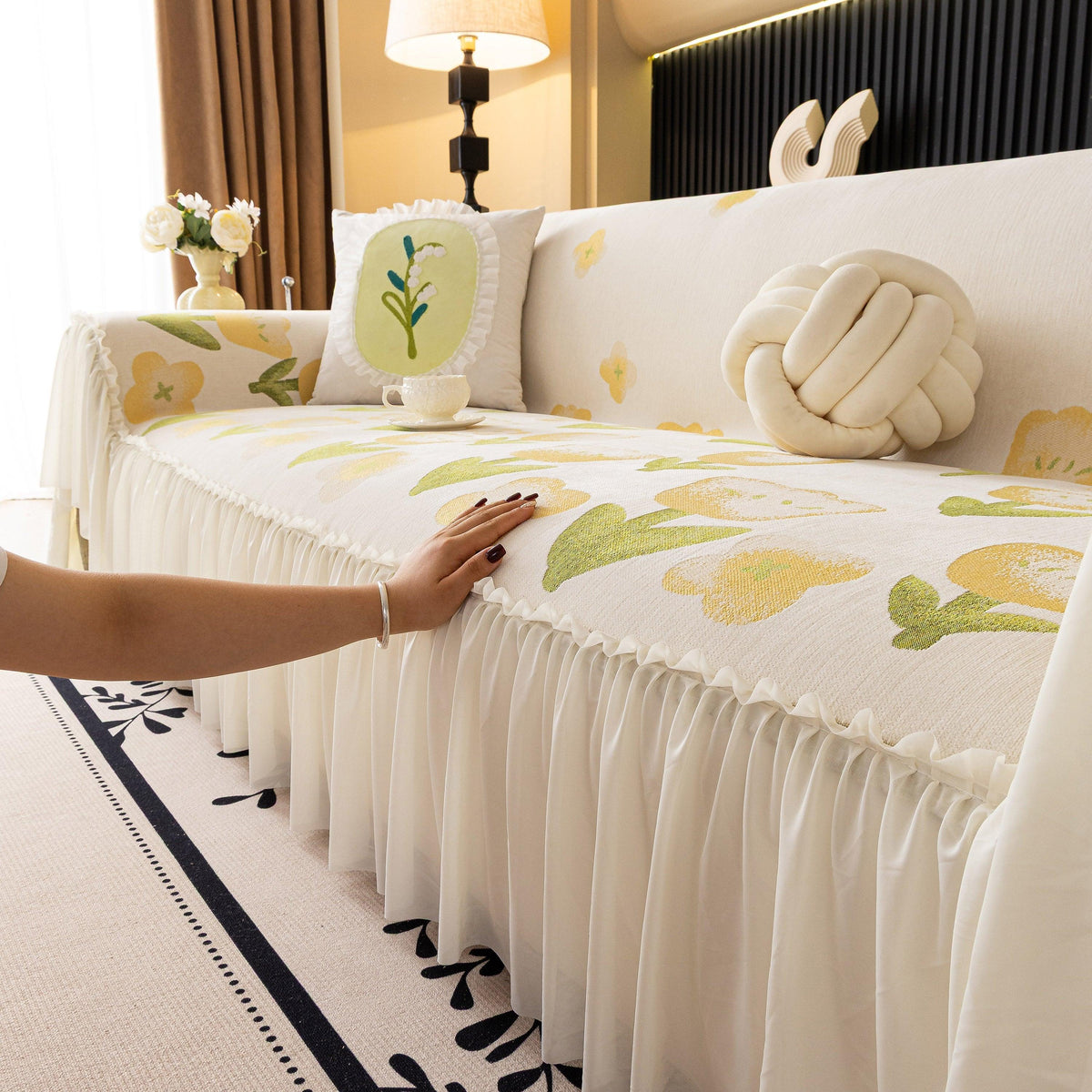 Ruffled Sweet Floral Sofa Cover with Skirt, Soft and Decorative Couch Throw Cover