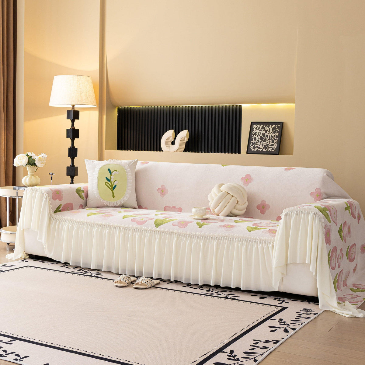 Ruffled Sweet Floral Sofa Cover with Skirt, Soft and Decorative Couch Throw Cover