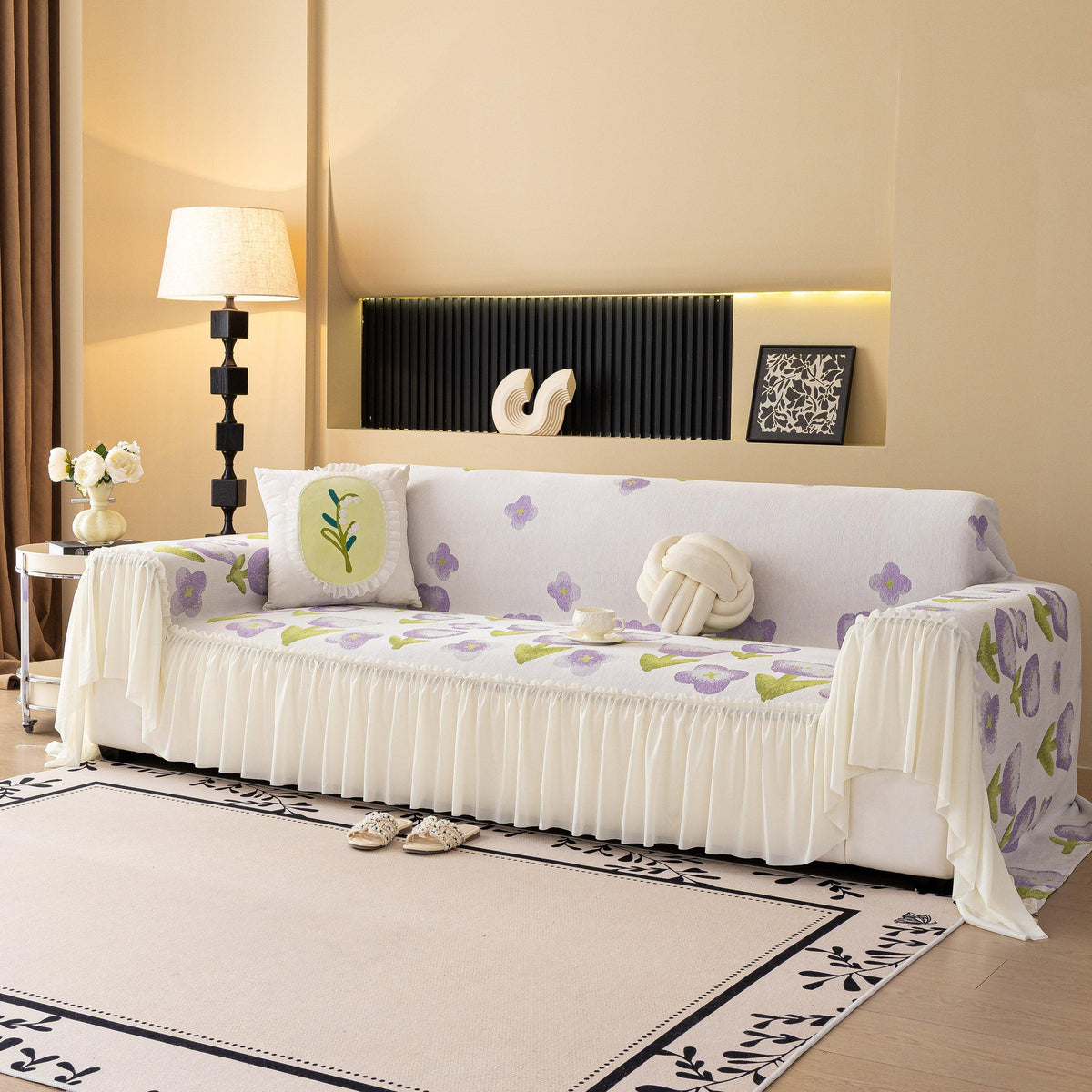 Ruffled Sweet Floral Sofa Cover with Skirt, Soft and Decorative Couch Throw Cover