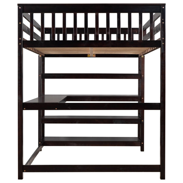 Full Size Loft Bed with Storage Shelves and Under-bed Desk  Espresso