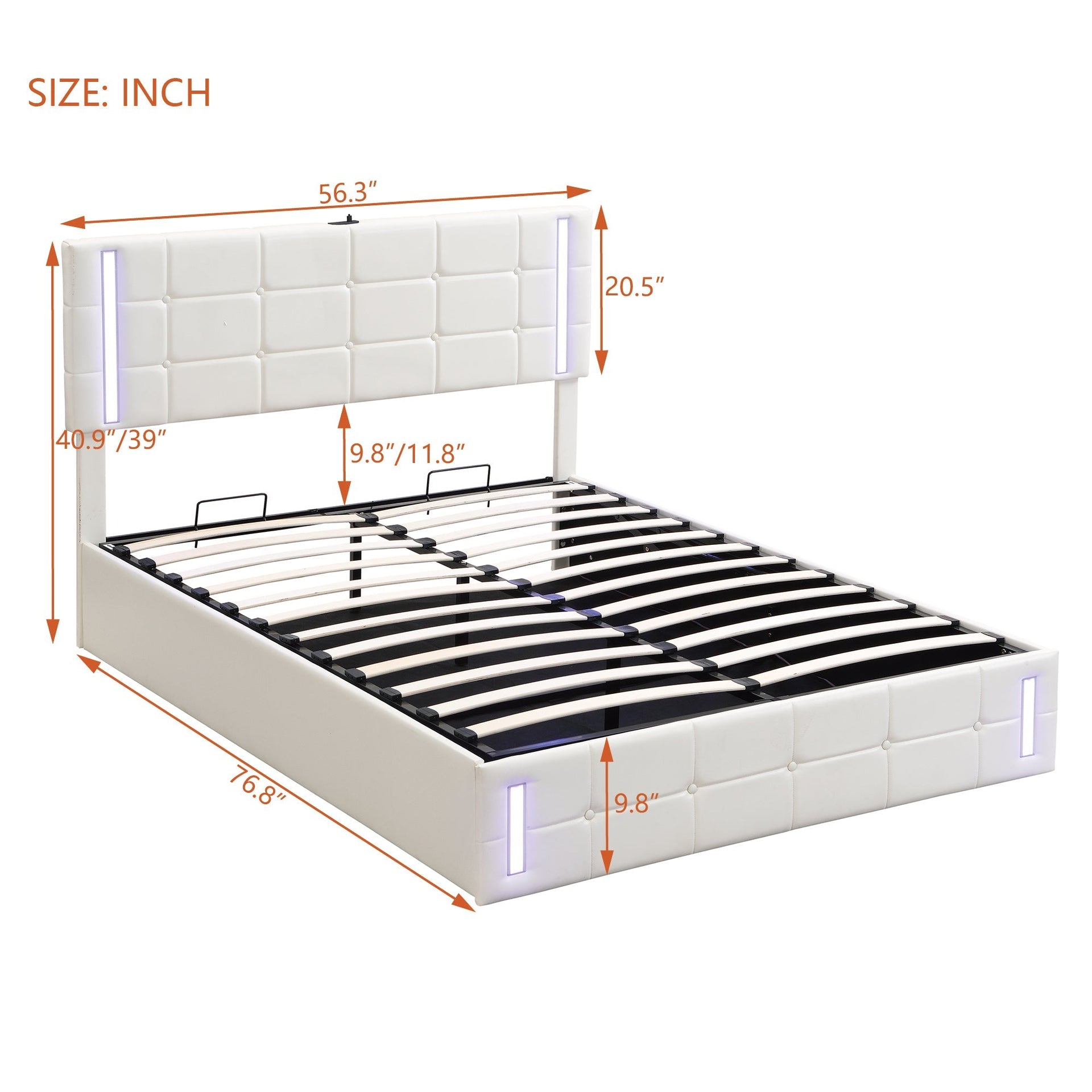 Full Size Upholstered Bed with LED Lights,Hydraulic Storage System and USB Charging Station,White V.I.P Digital Presence