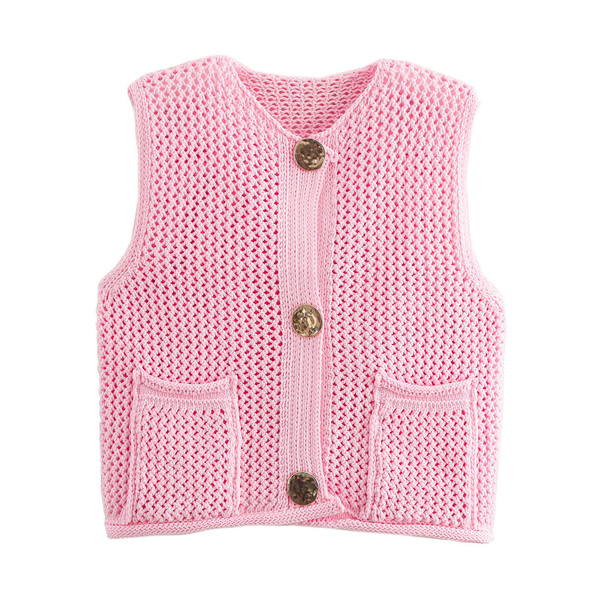 Street Fashion Crochet Hollow Vest Solid Color Versatile Round Neck Jacket
