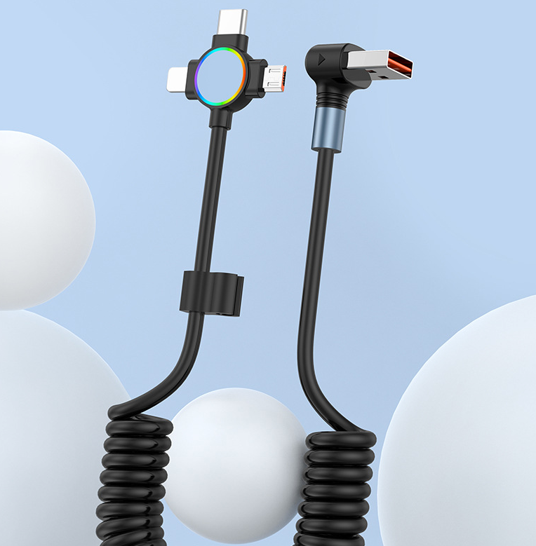 Three in one spring data cable suitable for Huawei Apple 15 Android Carplay streaming light car retractable fast charging cable