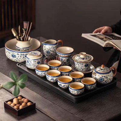 Blue and white rice yellow Ru kiln Kung Fu tea set household ceramic teapot