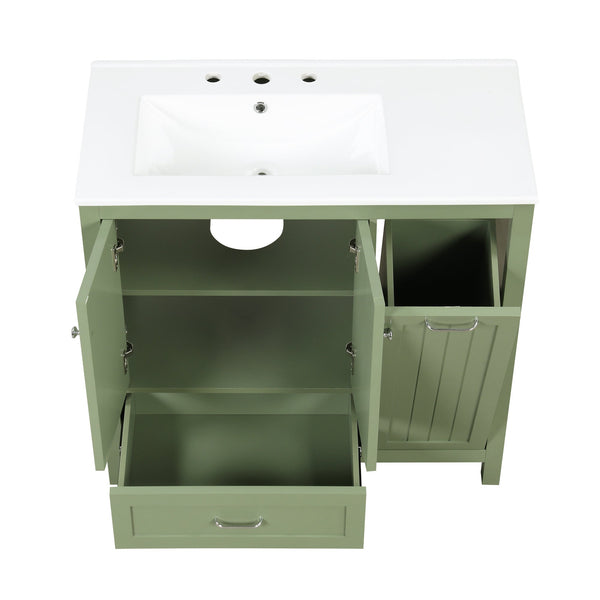36 inch bathroom vanity with sink, one double door cabinet one large drawer and one flip drawer solid wood and MDF board, green