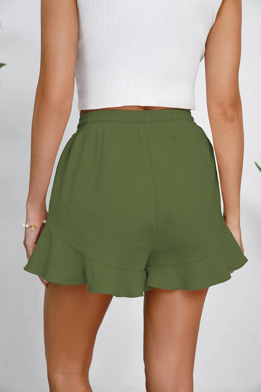 Women's cotton and linen shorts with ruffled edges and drawstring casual pants for women