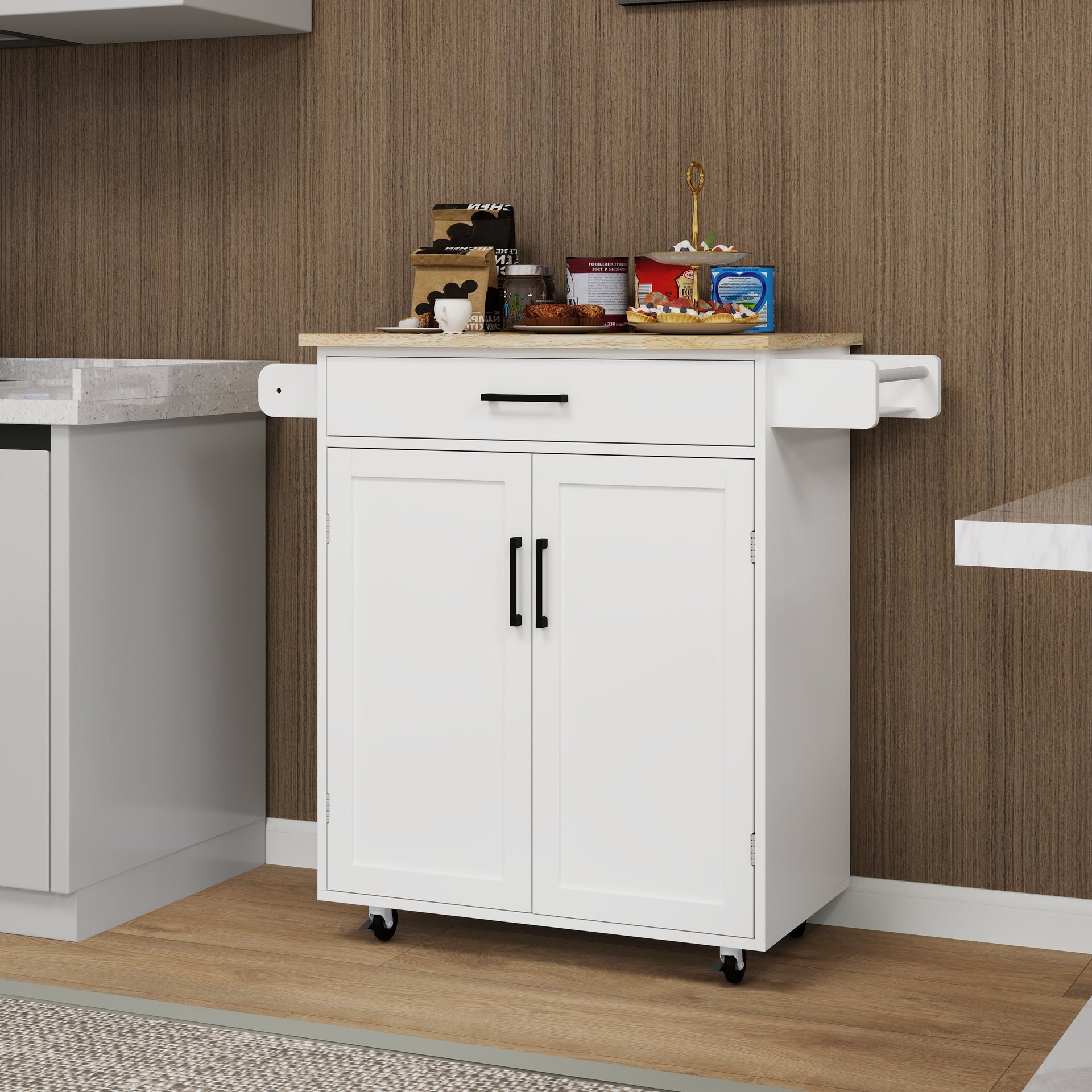 Kitchen island rolling trolley cart with 1 drawer & 2 doors with storage racks & Adjustable Shelves & towel rack