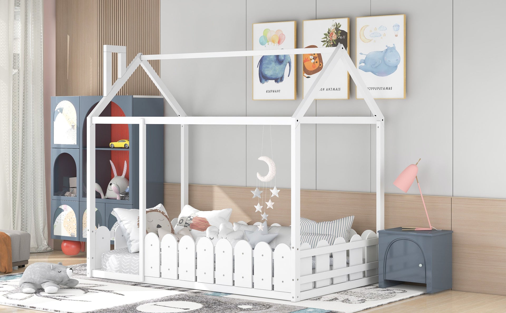 {Slats are not included}Twin Size Wood Bed House Bed Frame with Fence for KidsTeens Girls Boys {White}