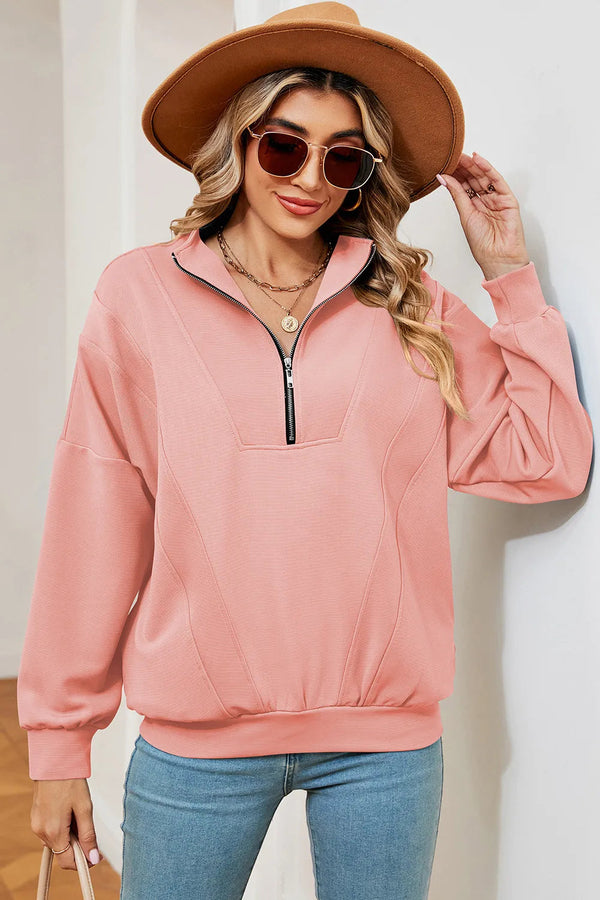 Autumn and winter new solid color zipper long sleeved loose pullover sweatshirt jacket for women