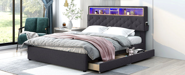 Queen Size Upholstered Platform Bed with Storage Headboard, LED, USB Charging and 2 Drawers Dark Gray