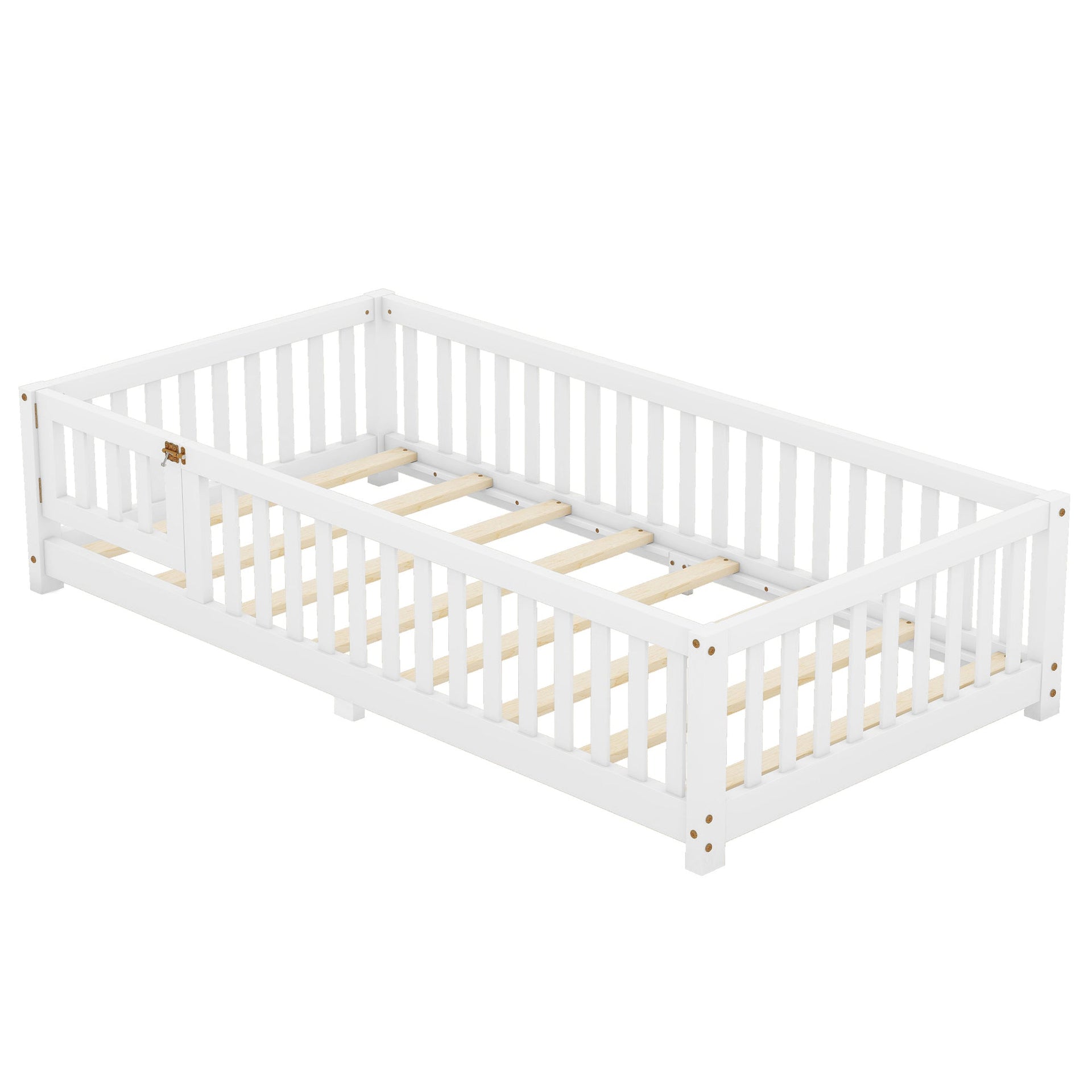 Twin Size Bed Floor Bed with Safety Guardrails and Door for Kids, White