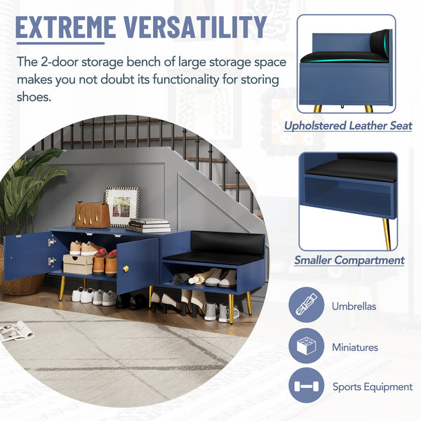 Modern Shoe Storage Bench with Hidden Storage and Upholstered Cushions for Bedside, Living Room and Entryway (Navy)