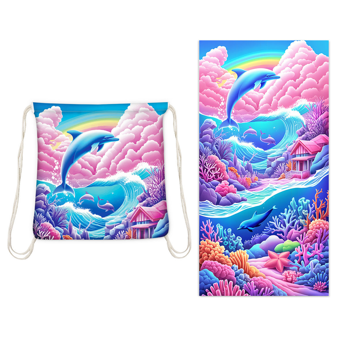 Two-in-One Foldable Beach Towel Printed Bath Towel All-In-One Beach Towel with Storage Bag