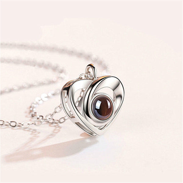 Silver Love Heart shaped Projection Pendant Necklace in 100 Languages, I Love You Projection Pendant Clavicle Chain