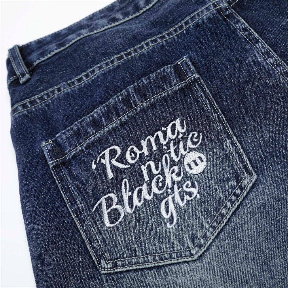 Street Design Floral Embroidered Denim Wide-Leg Long Pants Men's Vibe Trendy Washed Distressed Straight Leg Trousers