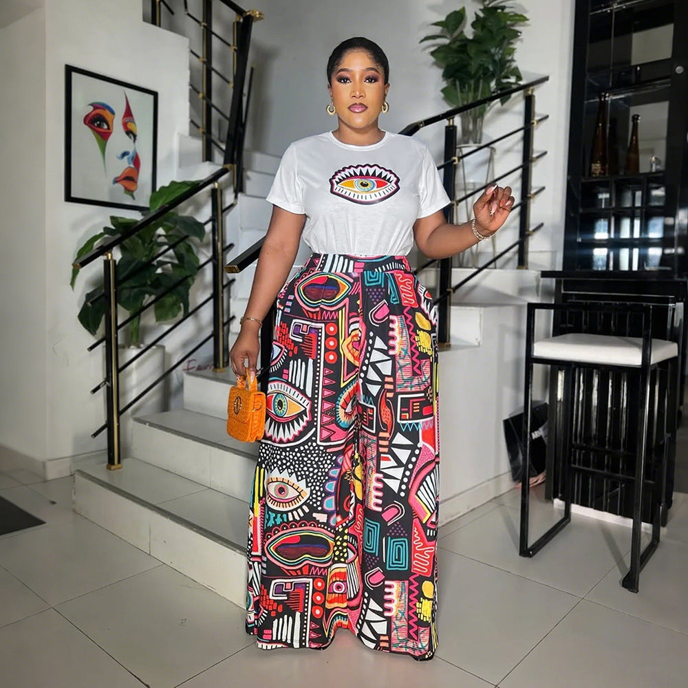 Printed Two-Piece Set Round Neck Short Sleeve Top Loose Comfortable Long Pants Wide Leg Pants Women's Clothing